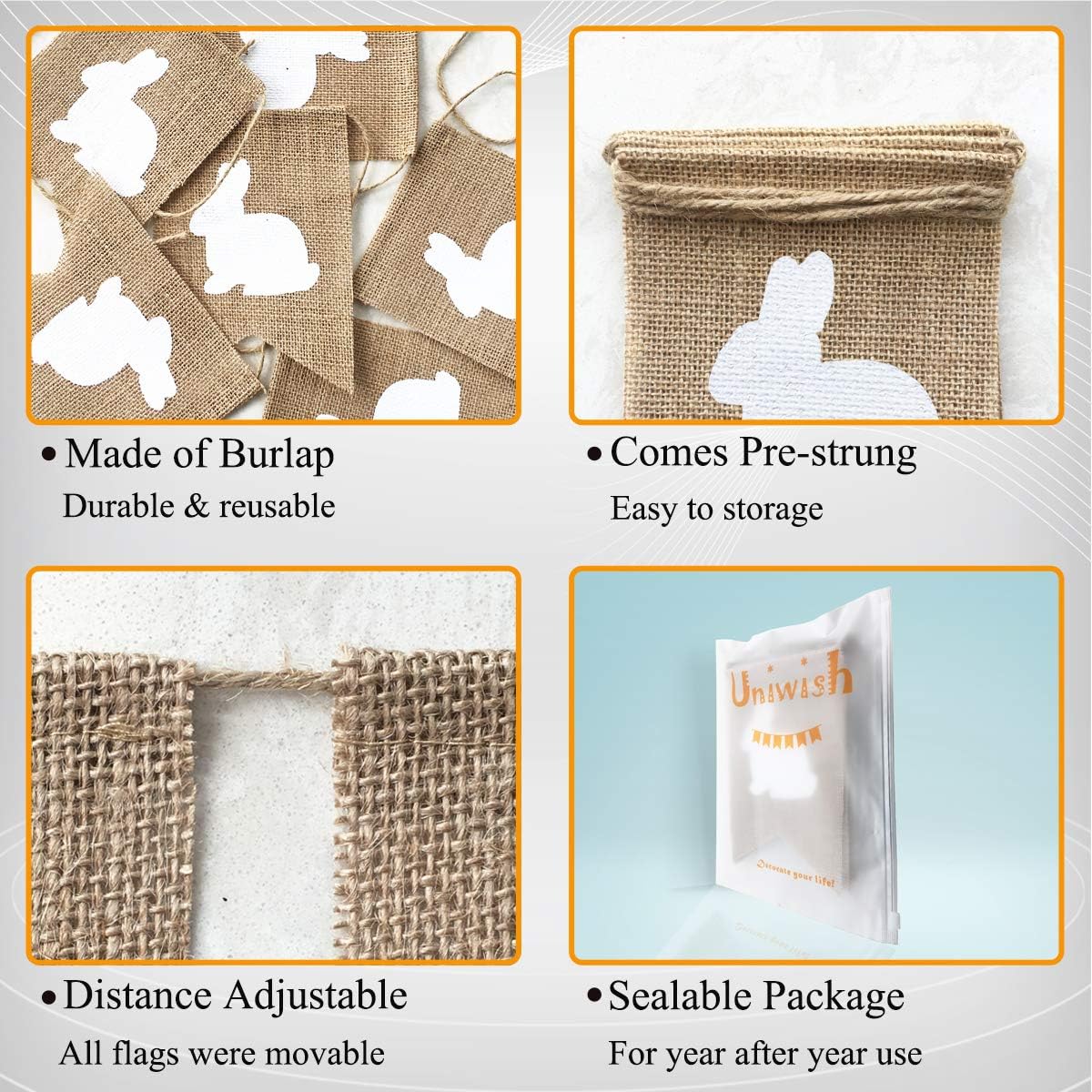 Rabbit Banner Burlap Easter Decorations Garland Bunny Bunting Home Decor for Mantle Fireplace Rustic Spring Themed Baby Shower Birthday Party Supplies
