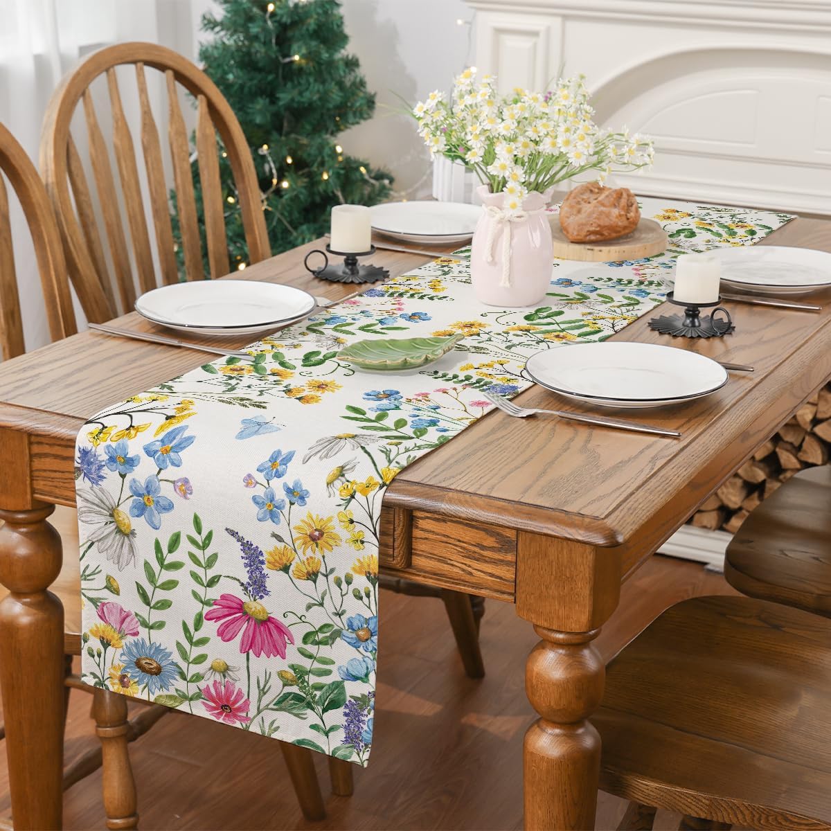 Spring Table Runner, Wildflowers Floral Butterfly Table Decoration Seasonal Summer Home Kitchen Dining Table Indoor Outdoor Farmhouse Decor 13x72 Inch