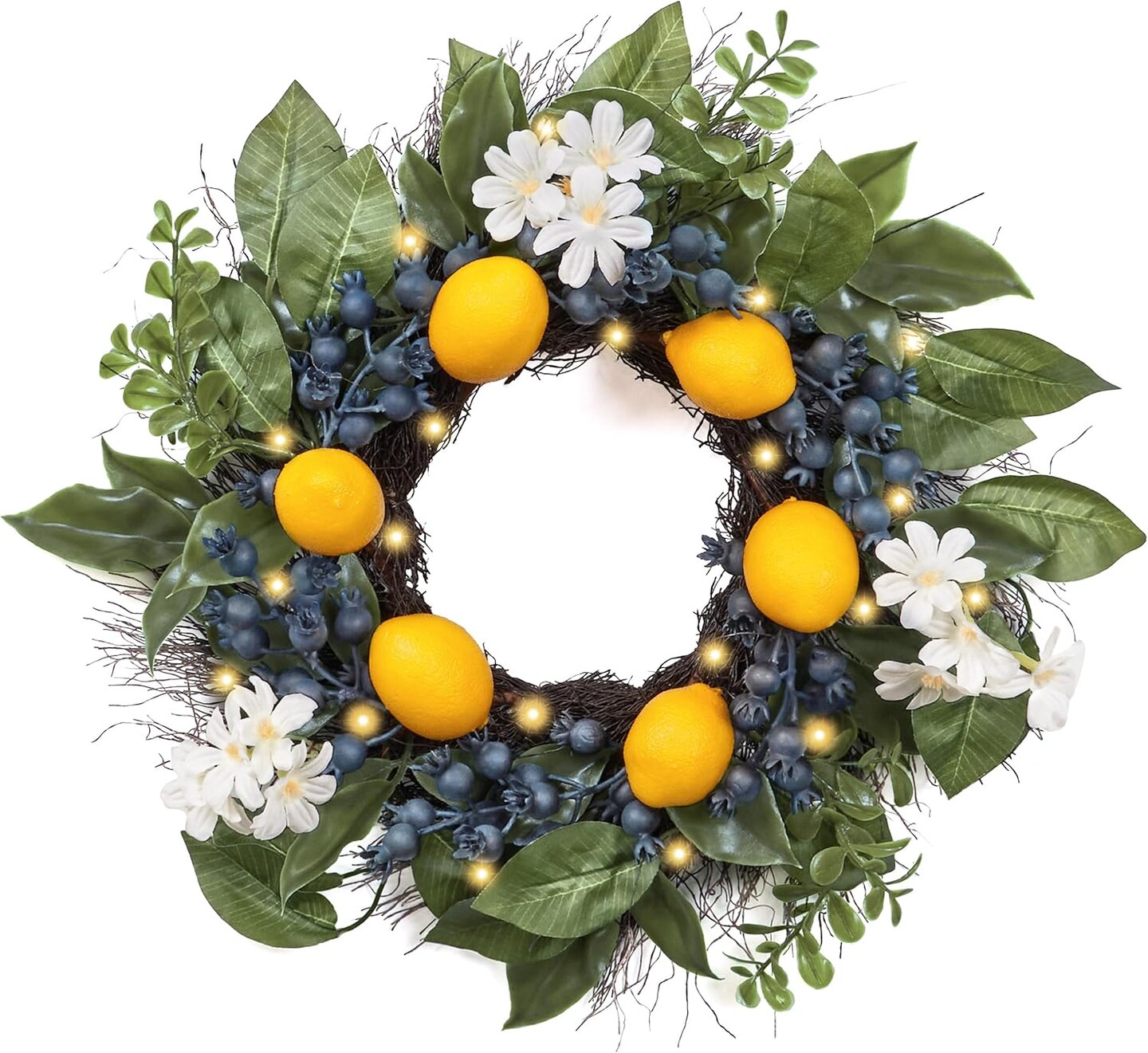 Spring Artificial Lemon Wreaths for Front Door with Lights