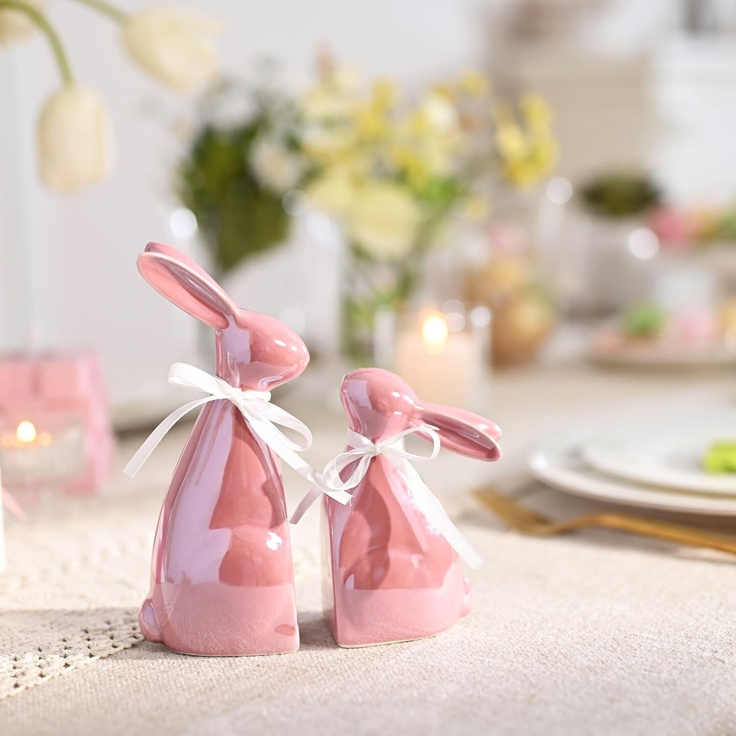 Easter Decorations, 2Pcs Easter Bunny Decor, Pearl Pink Ceramic Rabbit Statue Figurine for Home, Spring Easter Gift Tiered Tray Decorations for Indoor Table Centerpieces&#xFF0C;6.3 Inch