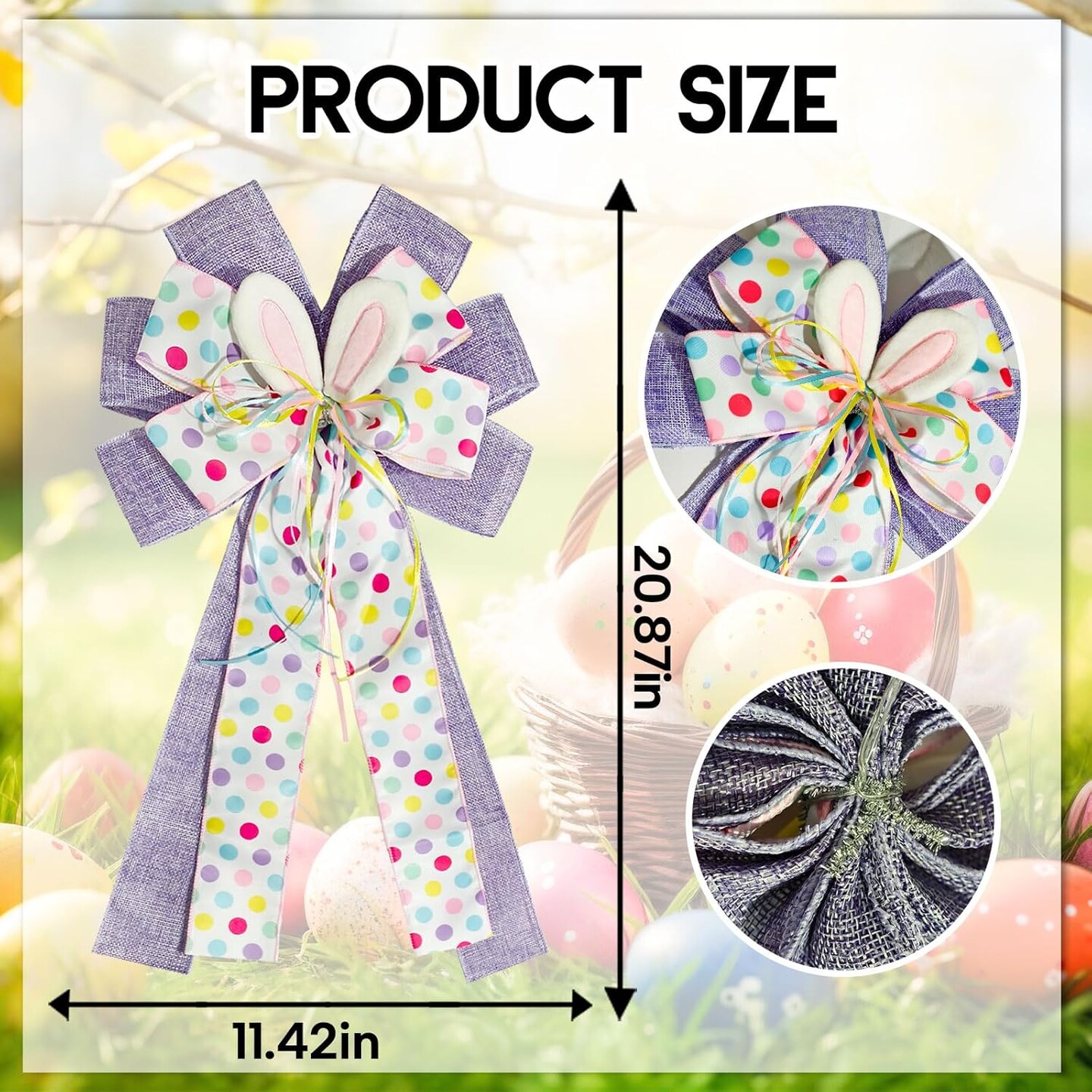 Large Easter Purple Burlap Bow with Bunny Ears, Easter Bow for Wreaths Gifts Tree Topper Gift Baskets Ornament Decorations, Springtime Party Favor for Easter Day