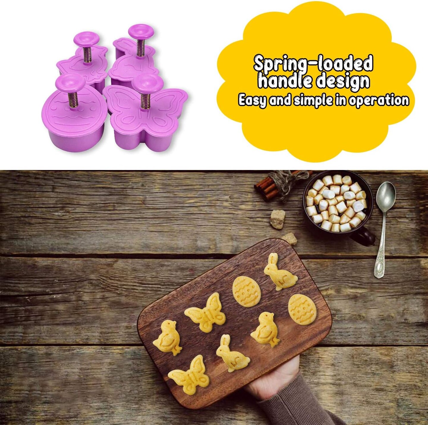 Mini 3D Easter Cookie Cutters Set, Easter Fondant Biscuit Pastry Cookie Cutter Stamp, Spring Spring-Loaded Handle Cutter Shape with Eggs, Chick, Butterfly (4 PCS)