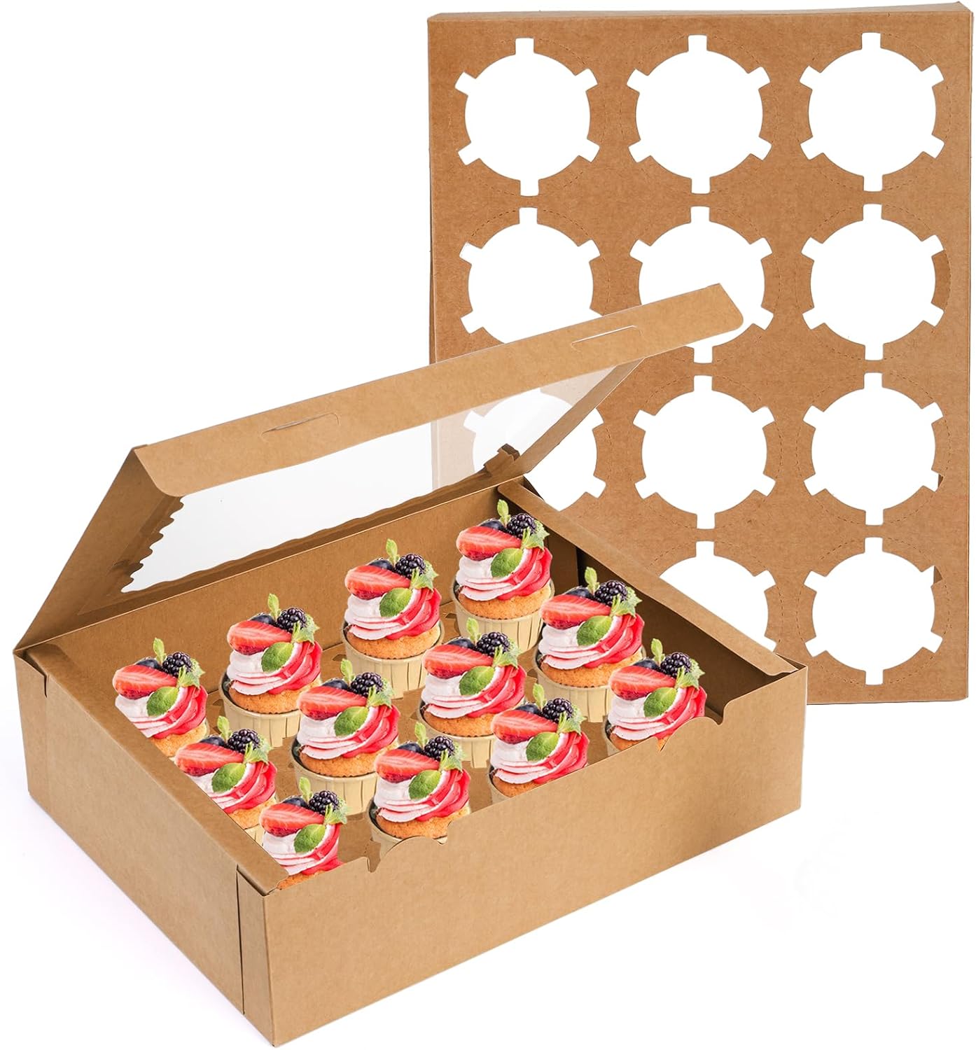 20 Pack Cupcake Boxes, 12 Counts Dozen Cupcake Containers with Window and Insert, Brown Bakery Pastry Treat Boxes for Muffins, Cookies, Donuts, Take Out Containers for Party