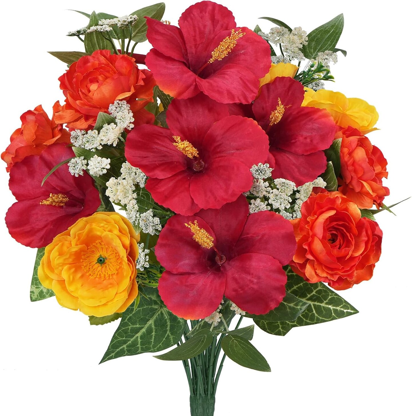 2pcs Silk Flowers with Stems- Artificial Hibiscus Mixed Fake Red Rose and Babys Breath; 24 Branches Faux Floral Sympathy Flowers for Cemetery Grave; Spring Decor for Wedding Home Centerpiece Vase