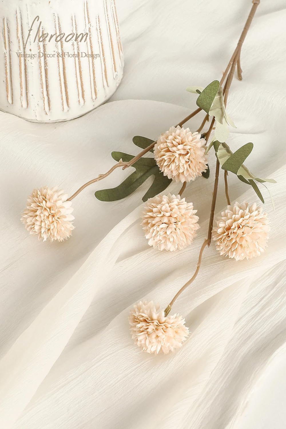 5pcs Faux Silk Pompon Mum Artificial Flowers, Bulk Fake Mini Chrysanthemums with Stems for DIY Bouquet Centerpieces Wedding Fillers Champagne Arrangements Shower Decorations, Beige