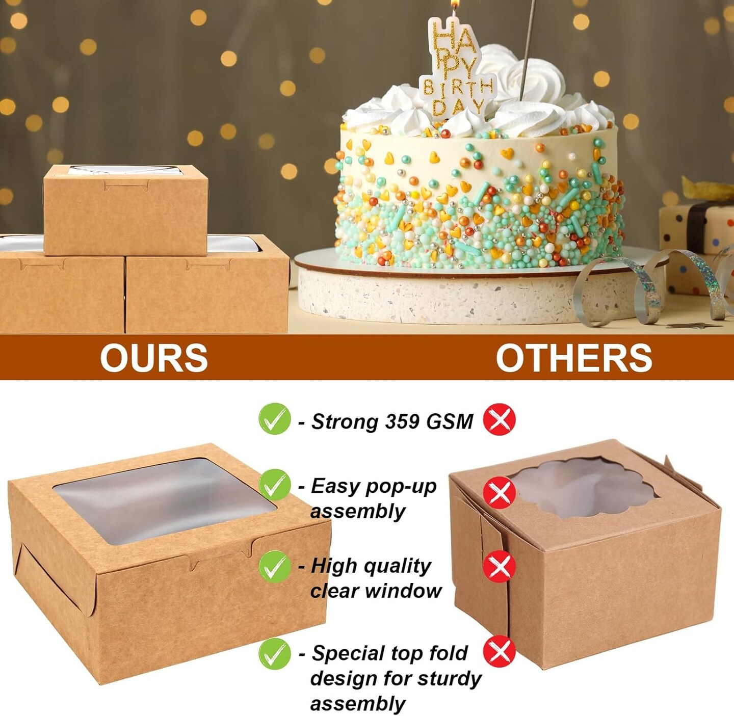 50 PCS Cupcake Boxes with Window Cupcake Containers 4 Count, Cookie Boxes 6x6x3 Inch, Bakery Pastry Cake Dessert Treat Boxes with Stickers &#x26; Jute Twine