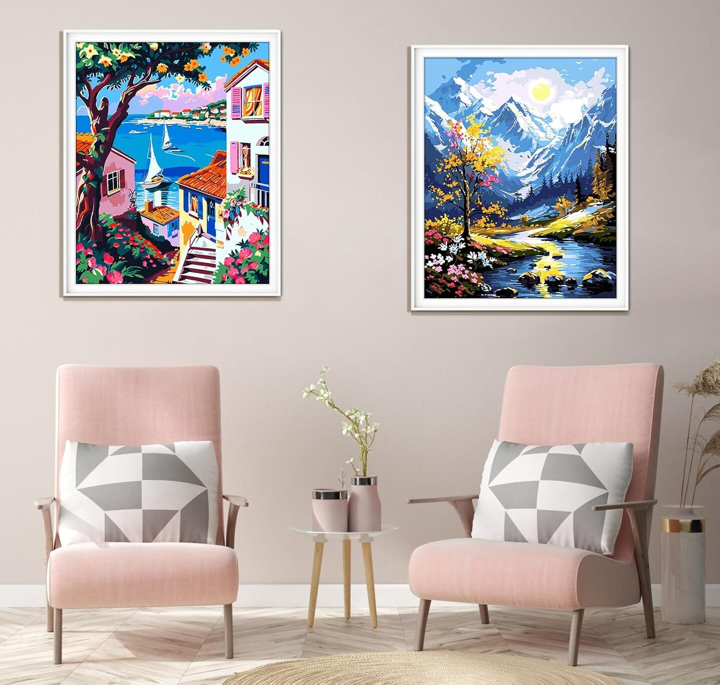 Paint by Numbers for Adults Beginner Seaside Village, Flower Oil Painting Canvas Kits with 3 Pcs Brushes, Easy Number Painting for Adults for Home Wall Art Decor (16x20inch)