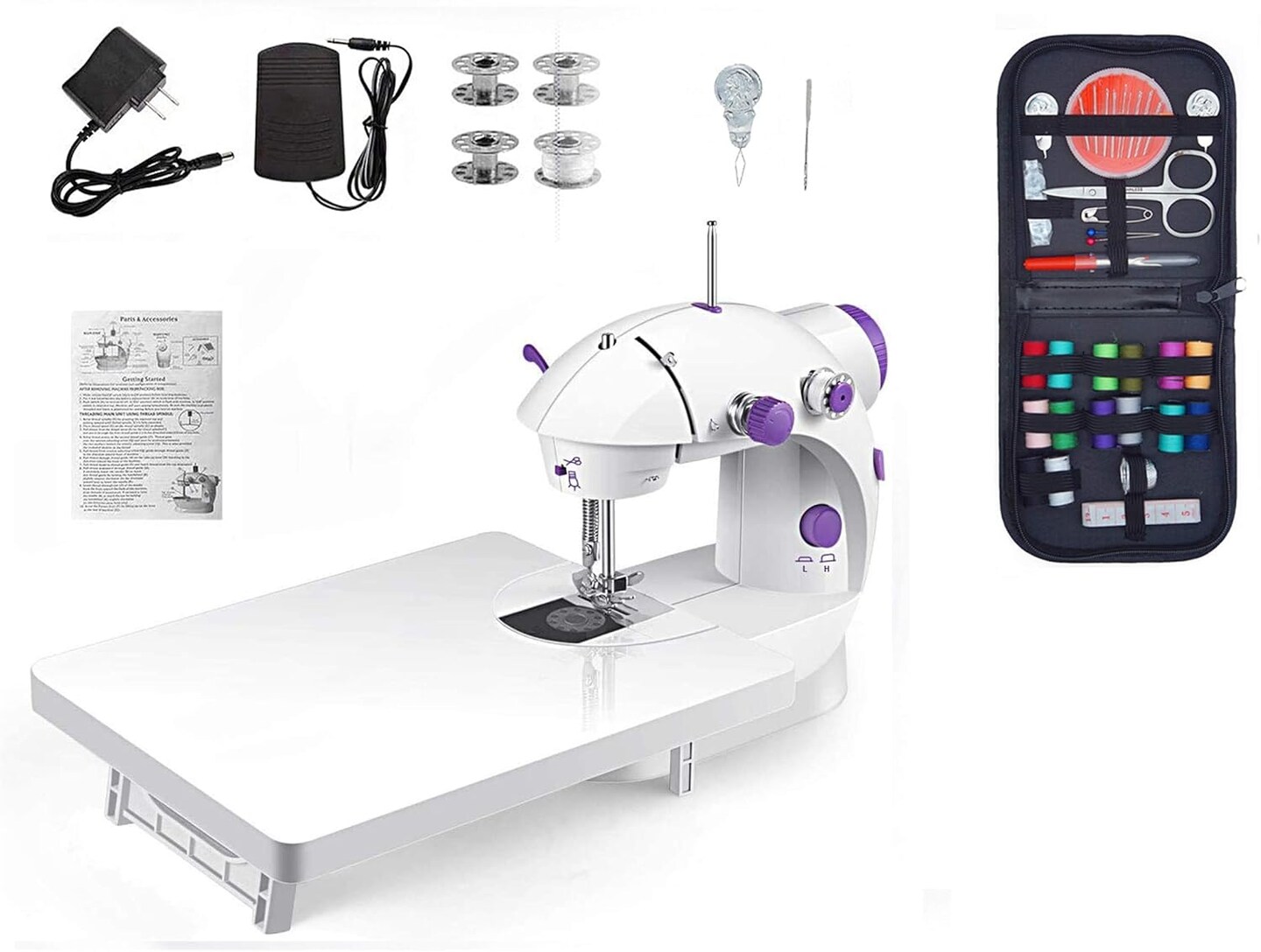 Mini Sewing Machine for Beginners-Maquina de Coser, Easy Automatic Sewing Machine with Extension Table, Household Electric Portable Sewing Tool with Sewing Kit, Small, for All Age, Kids or Adults