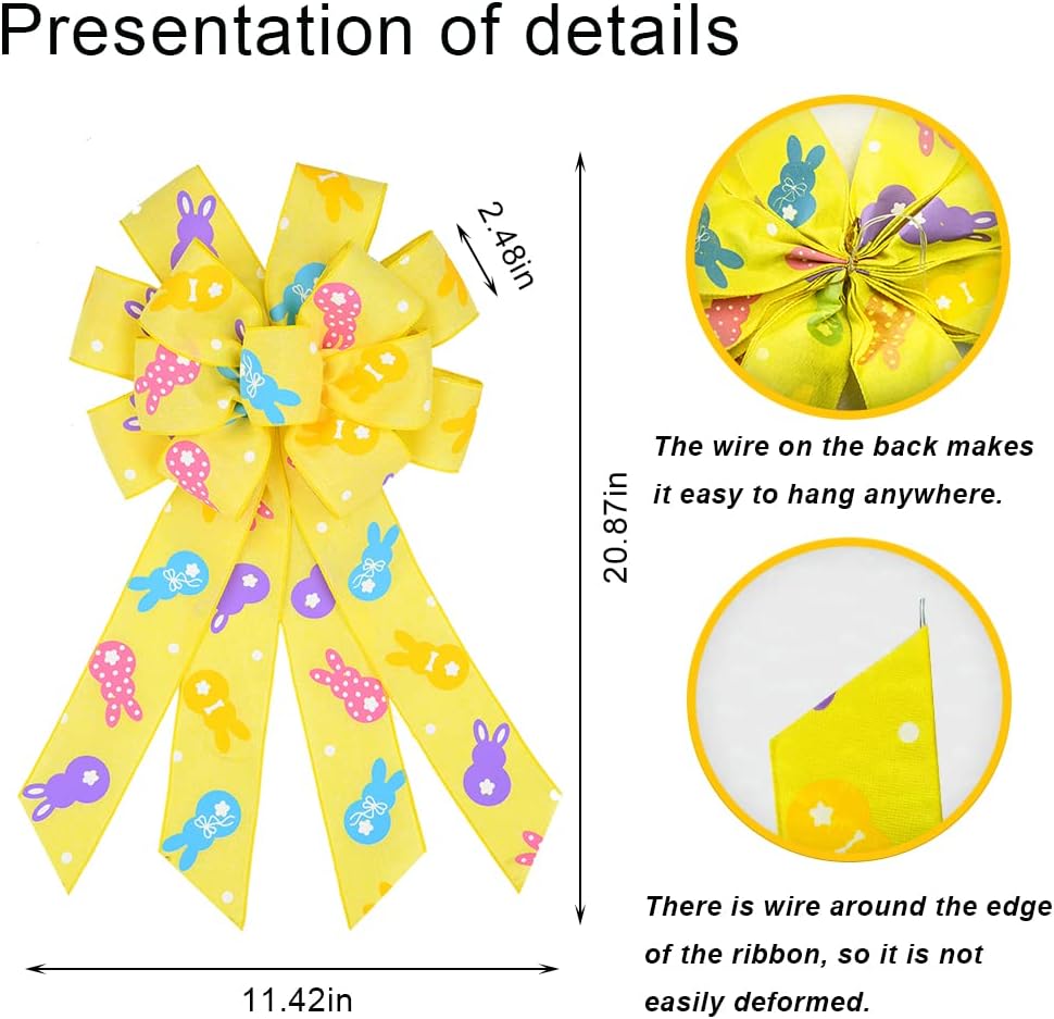 Large Easter Bows for Wreath, Yellow Burlap Ribbon Bow Easter Bunny Wreath Bows Spring Holiday Rabbit Tree Topper Bows for Front Door Easter Party Decorations Supplies