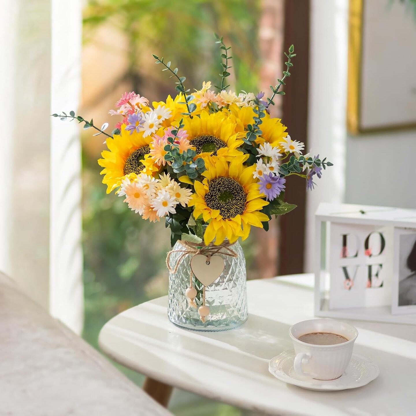 Sunflower Fake Flowers in Vase: Sunflowers Artificial Flowers with Vase for Table Centerpieces Decor - Silk Flower Bouquet Faux Arrangements Kitchen Bathroom Wedding Party Decoration