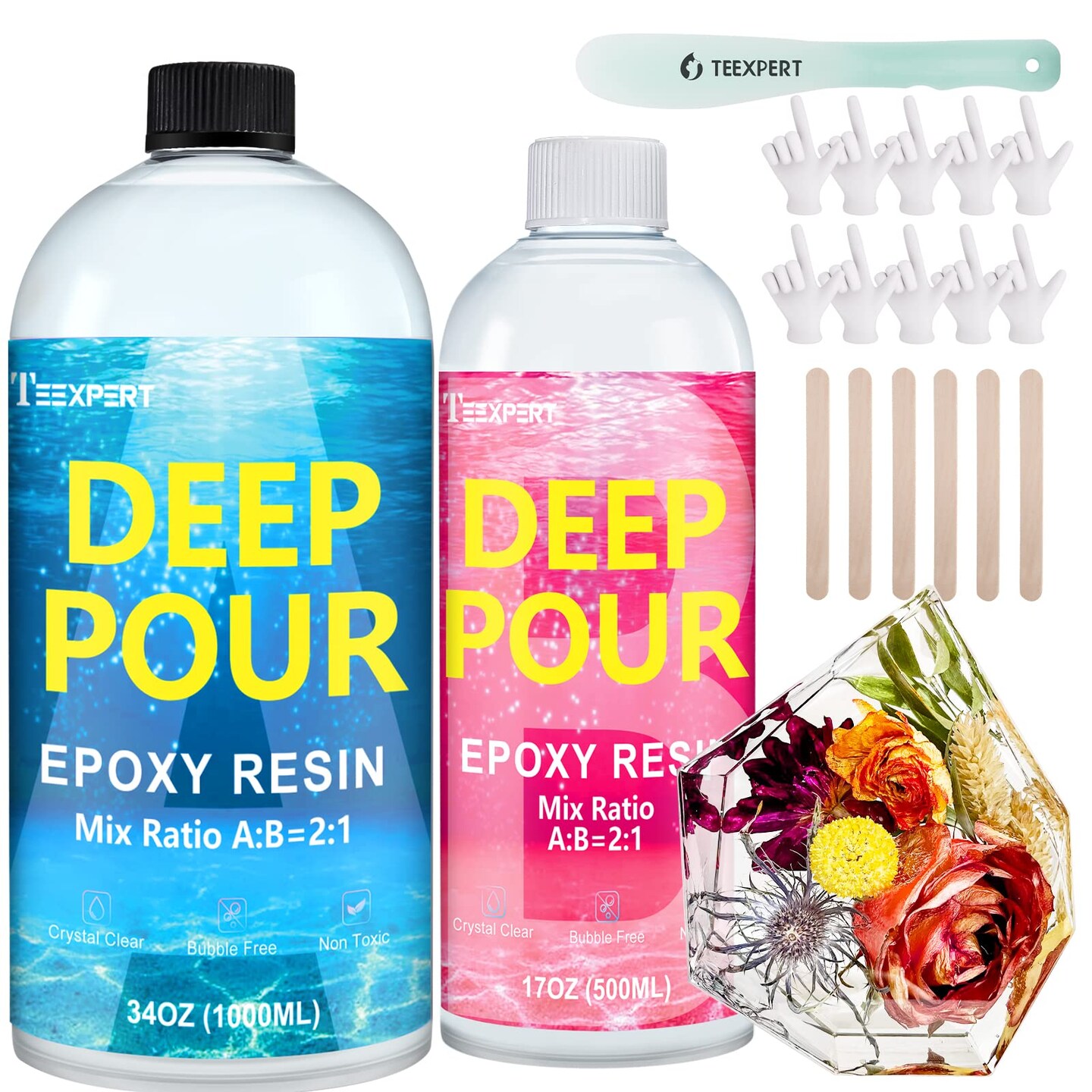 Teexpert Deep Pour Epoxy Resin, 51oz Epoxy Resin Kit for 2-4&#x22; Pour Depths, Crystal Clear &#x26; High Gloss, Bubble-Free Casting Resin for Flower Preservation, River Tables and Mold Crafts - 2:1 Mix Ratio