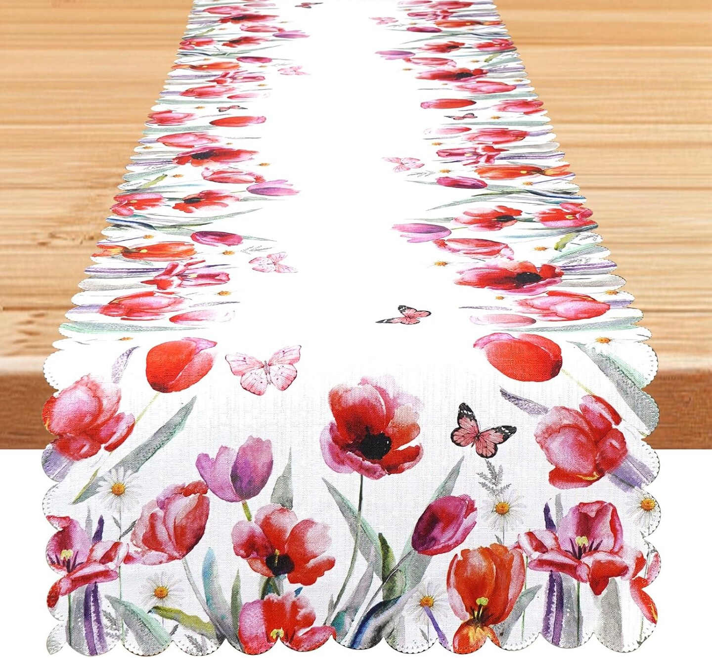 Spring Floral Table Runner with Red Tulip and Butterfly Design &#x2013; Elegant Spring and Summer Table D&#xE9;cor, Scalloped Edges for Dining and Coffee Table Centerpiece Decoration &#x2013; 72 Inches Long