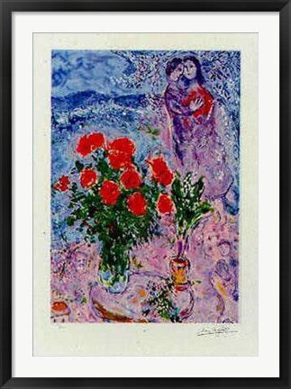 Framed Art Bouquet with Lovers by Marc Chagall 35 1/8 x 24 3/8