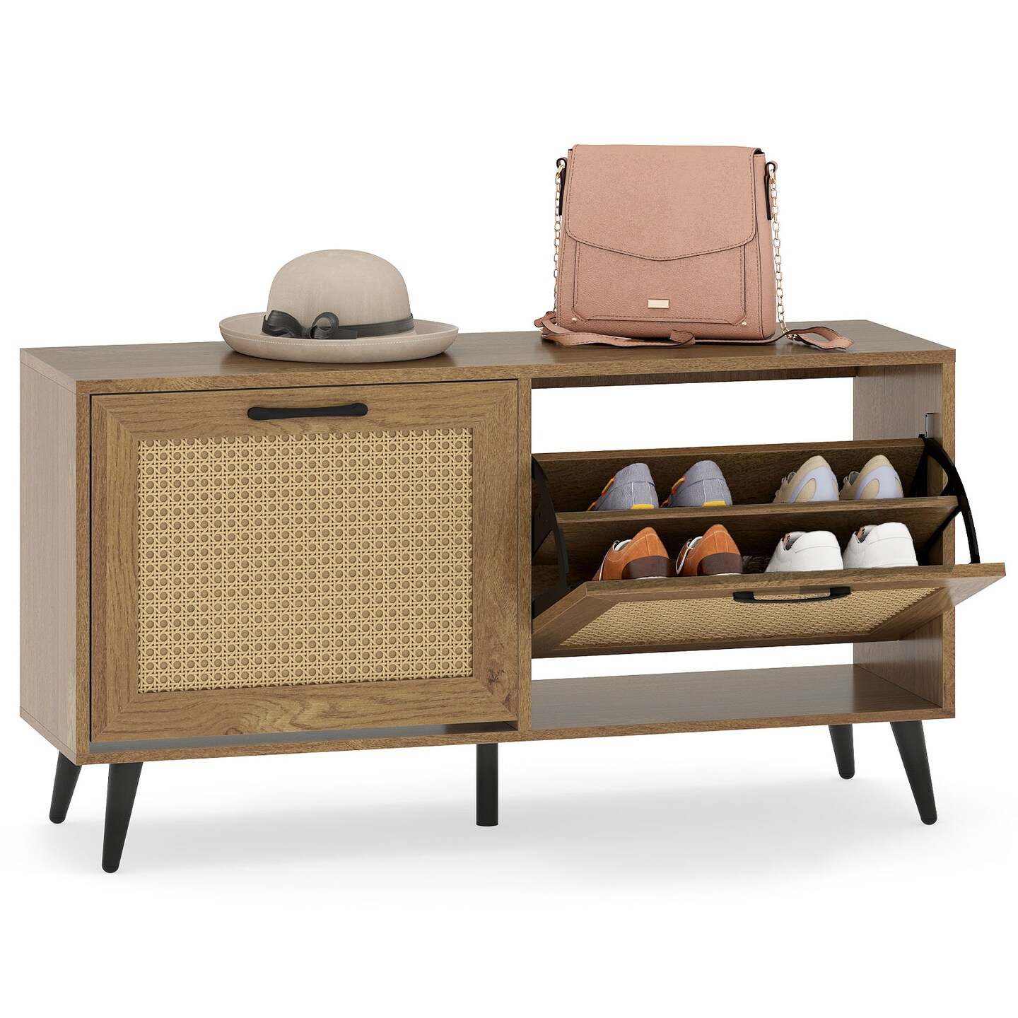 Natural Rattan Shoe Cabinet with Flip Drawers, 2-Tier Storage & Metal Legs, 40" Entryway Bench