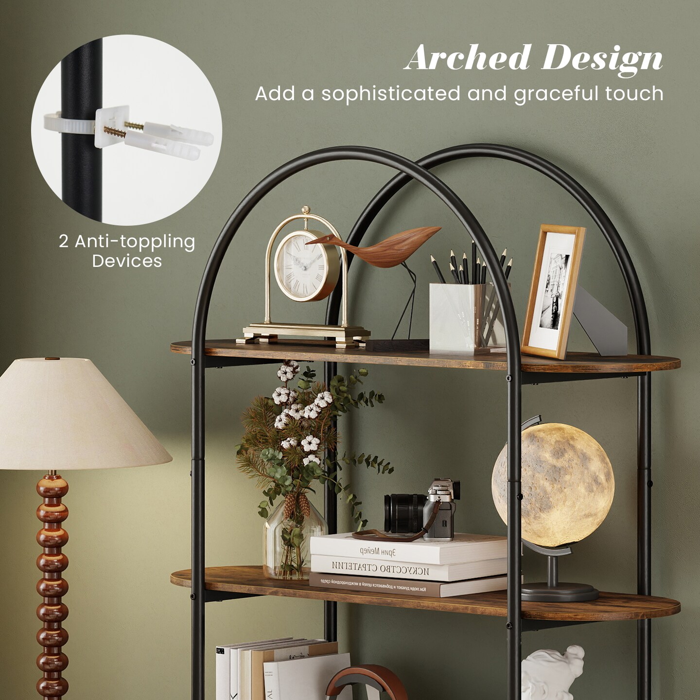 Rustic Metal & Wood 4-Tier Arched Bookshelf Stylish Home Storage & Display