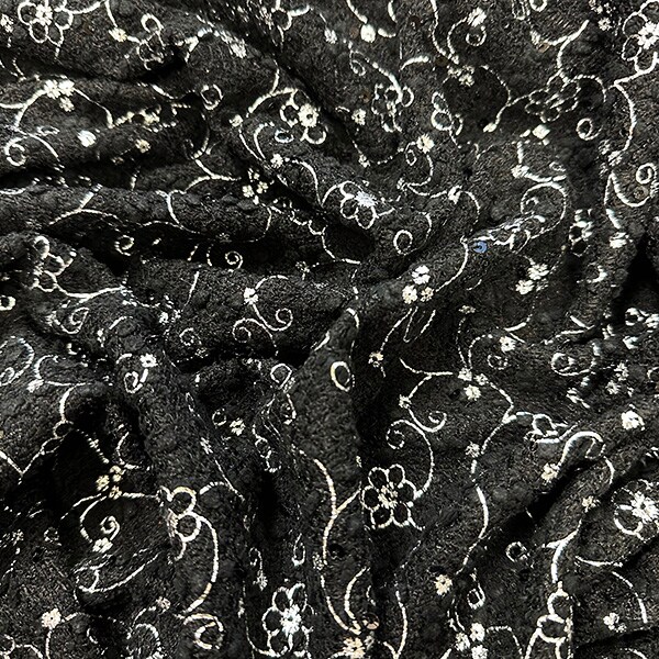 Silver Flocked Floral Faux Sequin on Black Chenille Fabric By the Yard