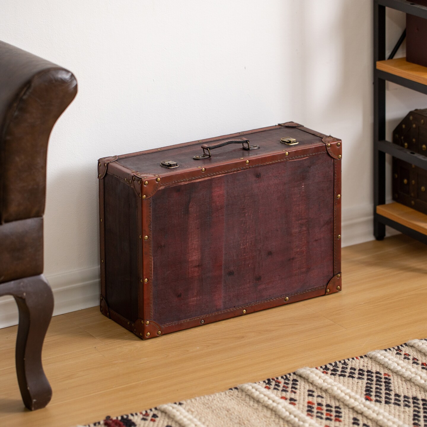 Vintiquewise Vintage-Style Decorative Wooden Display Suitcase Box Antique-Inspired Design with Faux Leather Trim Brass Hardware and Classic Trunk Detailing Ideal for Home Décor or Treasure Chest