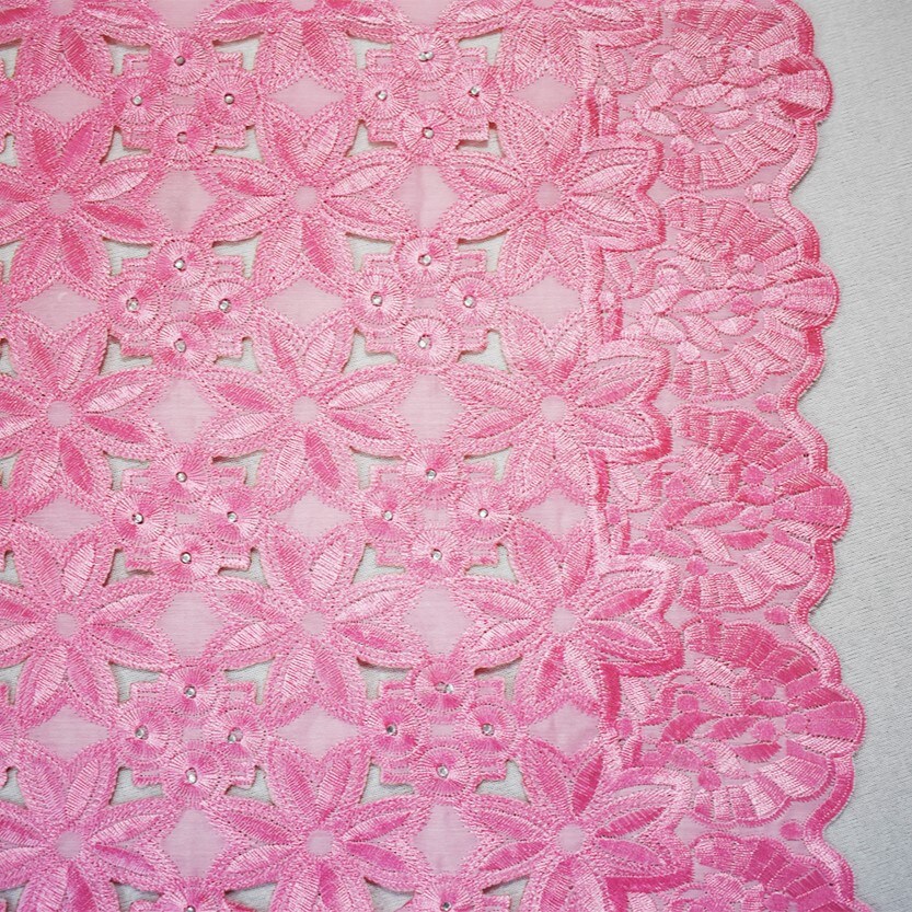 Pink Poly Floral and Circle Embroidered Scallop Rhinestone Woven Fabric By the Yard