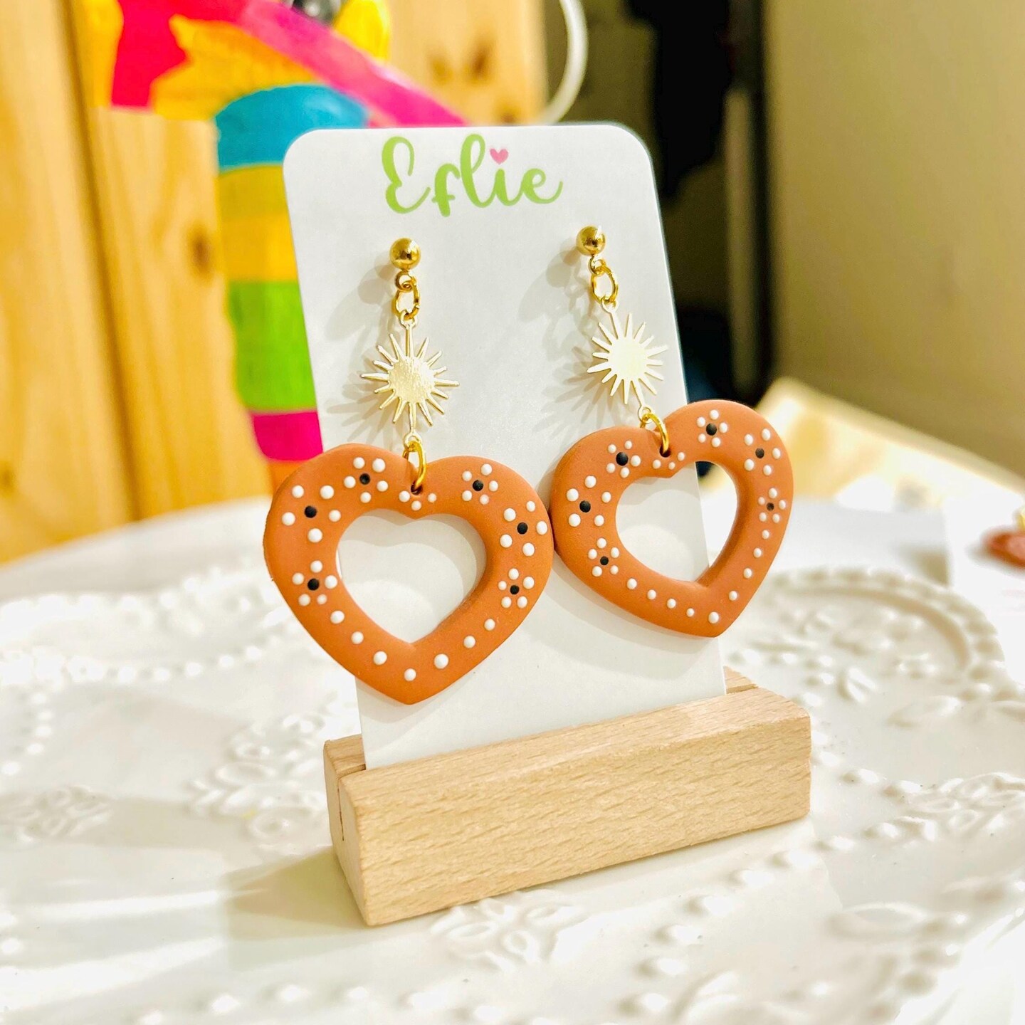 Mexican Style Heart Earrings Cinco De Mayo Flower Terracotta