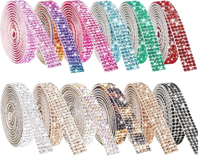 Self-Adhesive Crystal Rhinestone Diamond Ribbon – 12 Rolls, 0.9cm Wide, Total 12 Yards, Multi-Functional DIY Decorative Bling Gemstone Tape for Arts & Crafts, Glitter Shoes, Clothes (Assorted Colors)