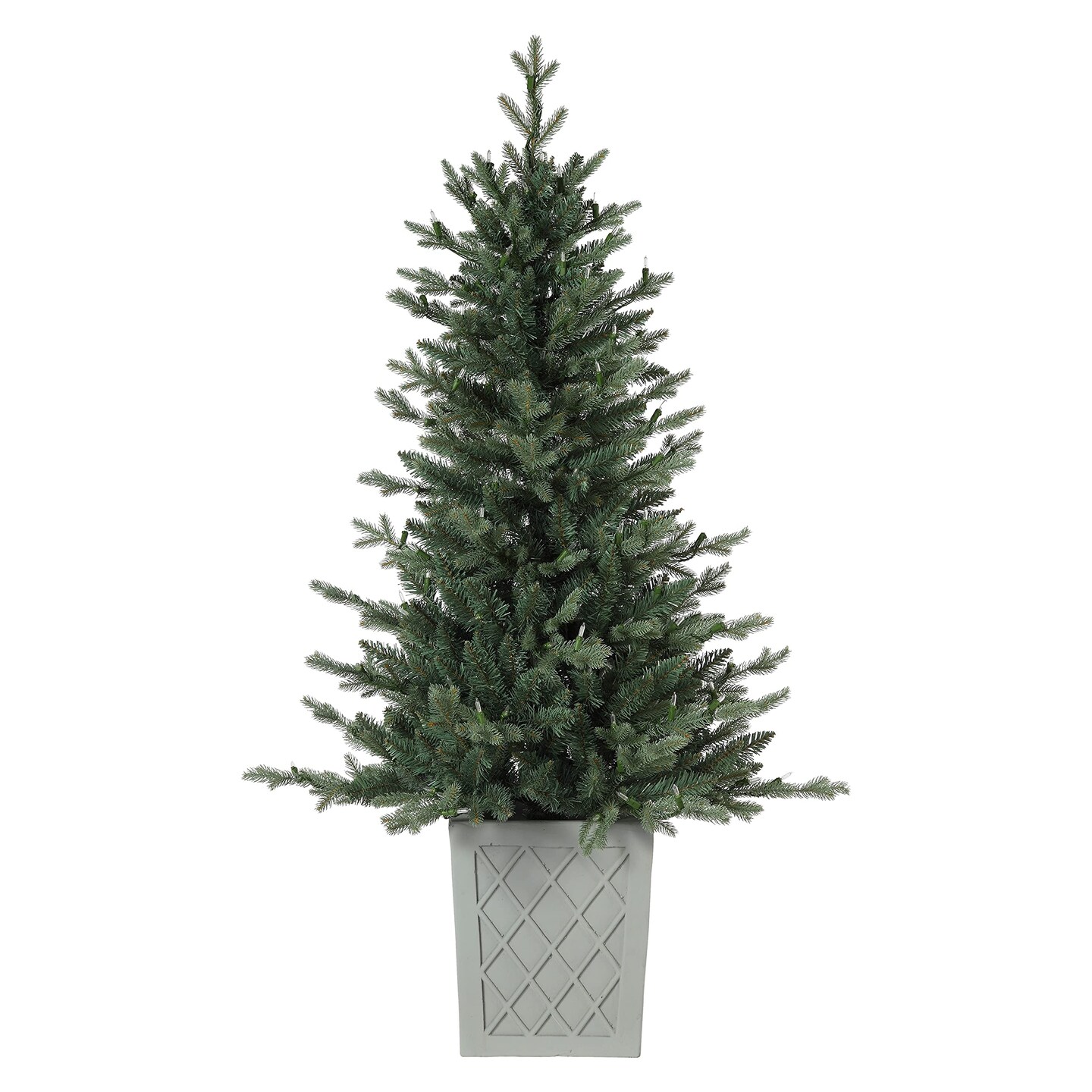 Haute Decor 4.5 Foot Barcelona Blue Spruce Potted Tree with Warm White LED Lights - Cement Gray Patterned Resin Pot