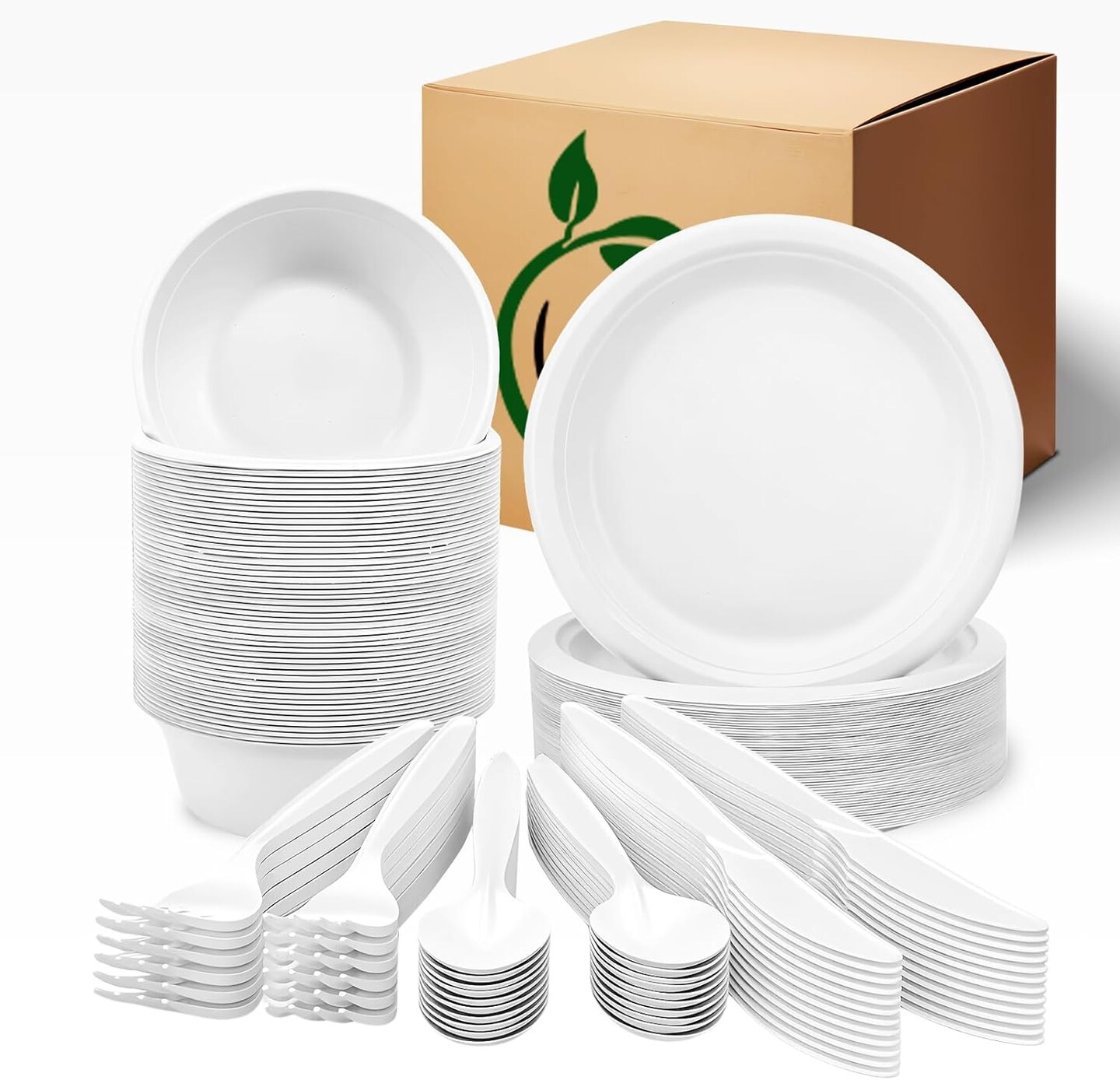 Disposable Plates and bowls set 250 PCS, Compostable Paper Plates with Extra Long Utensils, Microwave Safe Disposable Plates & Cutlery Include Bowls, Forks, Knives and Spoons, 50 Sets Each
