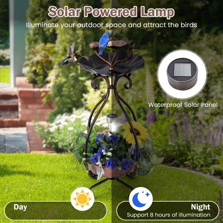 Solar Outdoor Bird Bath &#x26; Feeder Combo with Flower Planter