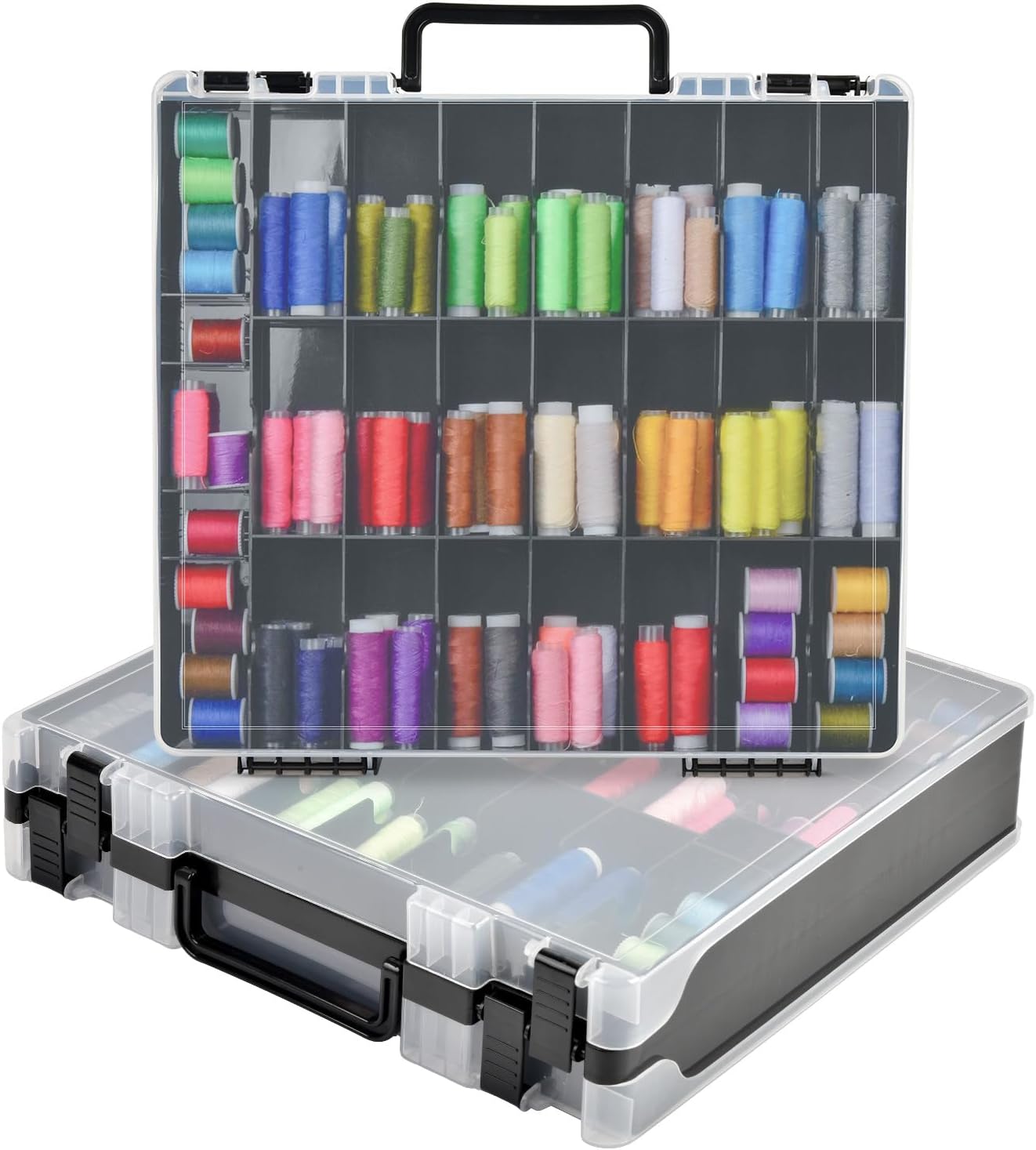 Double-Sided Sewing Box for Bobbins with 48 Grids, Portable Plastic Organizer for Hot Wheels Cars, Embroidery Floss, Diamond Art, Crafts, Small Toys (Case Only)-Black
