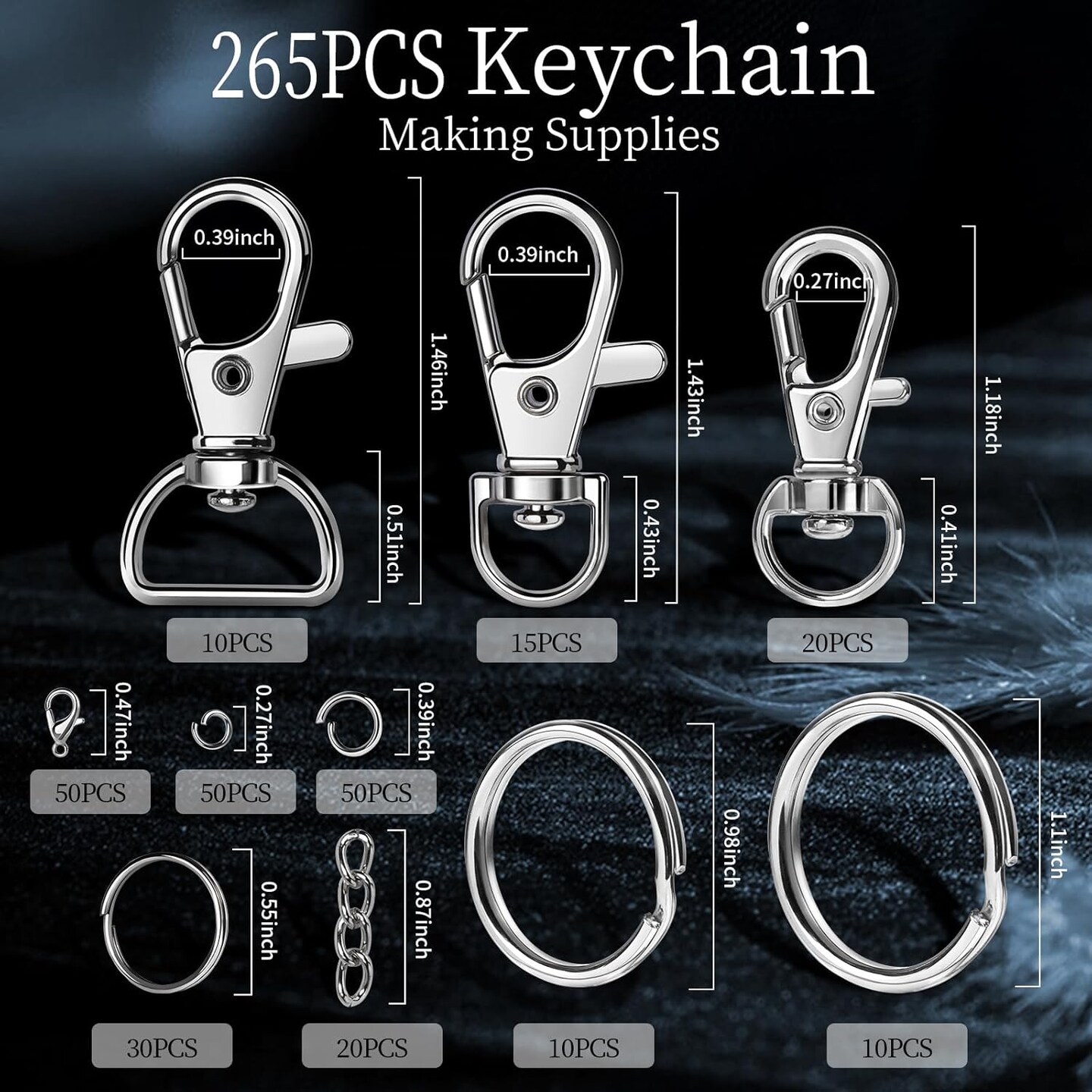 265PCS Keychains Clips with Key Rings, Keychain, Metal Lobster Claw Clasps and Key Chain Rings, Key Chains Key Rings Bulk, Keychain Rings, Keychains Making Kit Clip for Keys Crafts, Silver