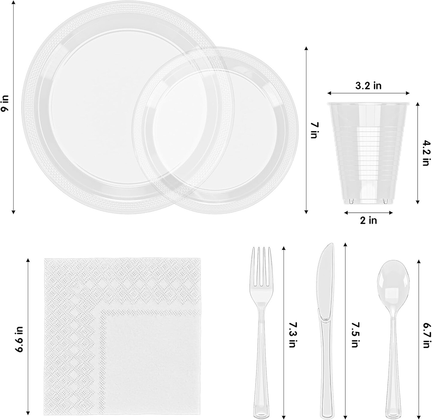 350 Pcs Clear Plastic Plates For Party, Clear Disposable Plates Set, 50 Of Each 9&#x22; Dinner Plate Set, 7&#x22; Dessert Plate, Cups, Napkins &#x26; Cutlery Plastic Dinnerware Exquisite