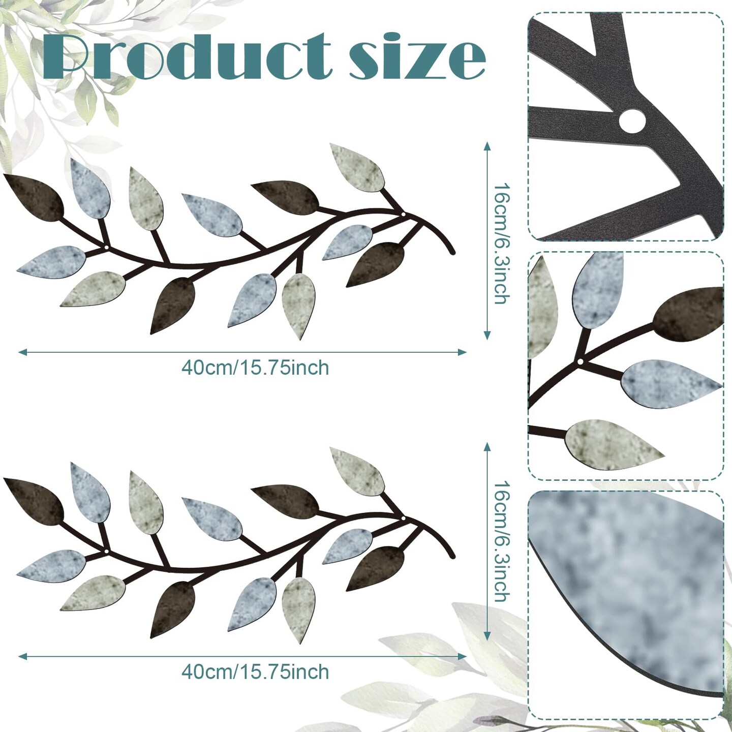 2 Pieces Metal Tree Leaf Wall Decor Vine Olive Branch Leaf Wall Art Living Room, Hallway Wall Decor Outdoor Decoration(Pastel Colors)