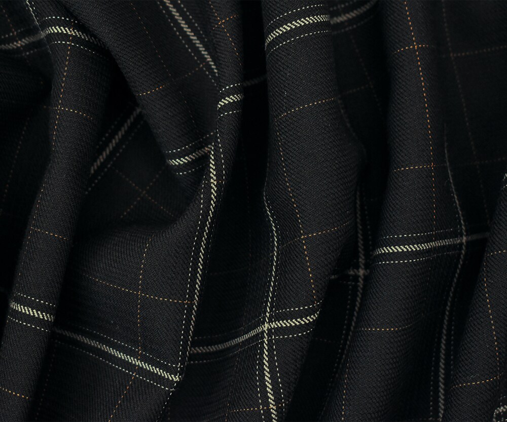 Black-Gray-Brown Wool Polyester Grid Plaid Twill Suiting Fabric By the Yard