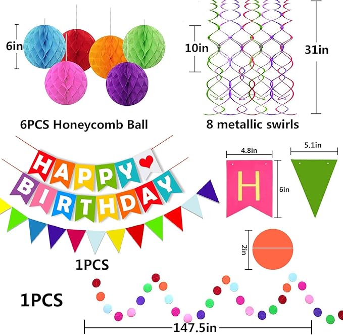 Colorful Happy Birthday Banner Paper Triangle Flag Bunting Circle Confetti Dots Hanging Garland And Honeycomb Ball Swirl Streamers for Birthday Baby Shower Party Decoration