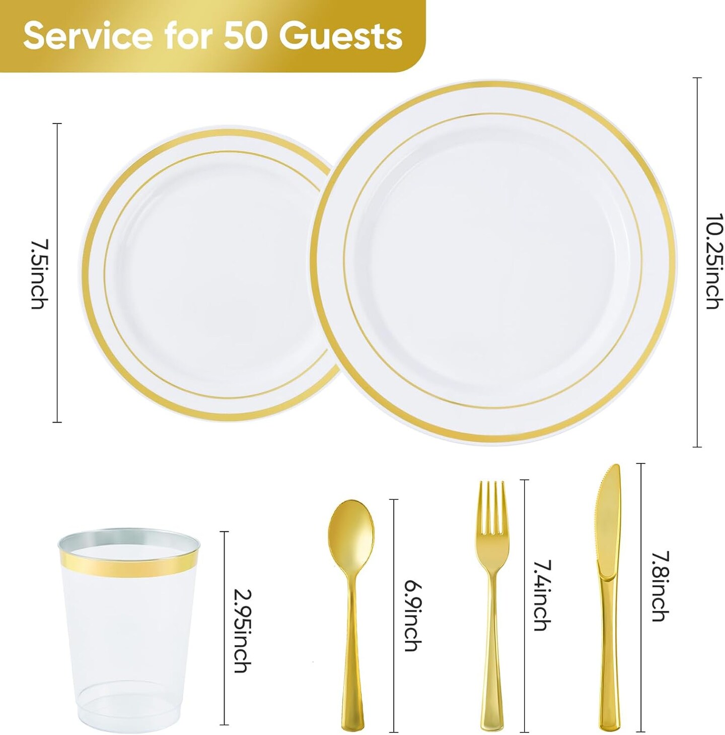 350-Piece Gold Disposable Plates Set – Includes 50 Dinner Plates, 50 Salad Plates, 50 Cups, and 50 Paper Napkins. Elegant Disposable Dinnerware for Parties, Weddings, and Special Events.