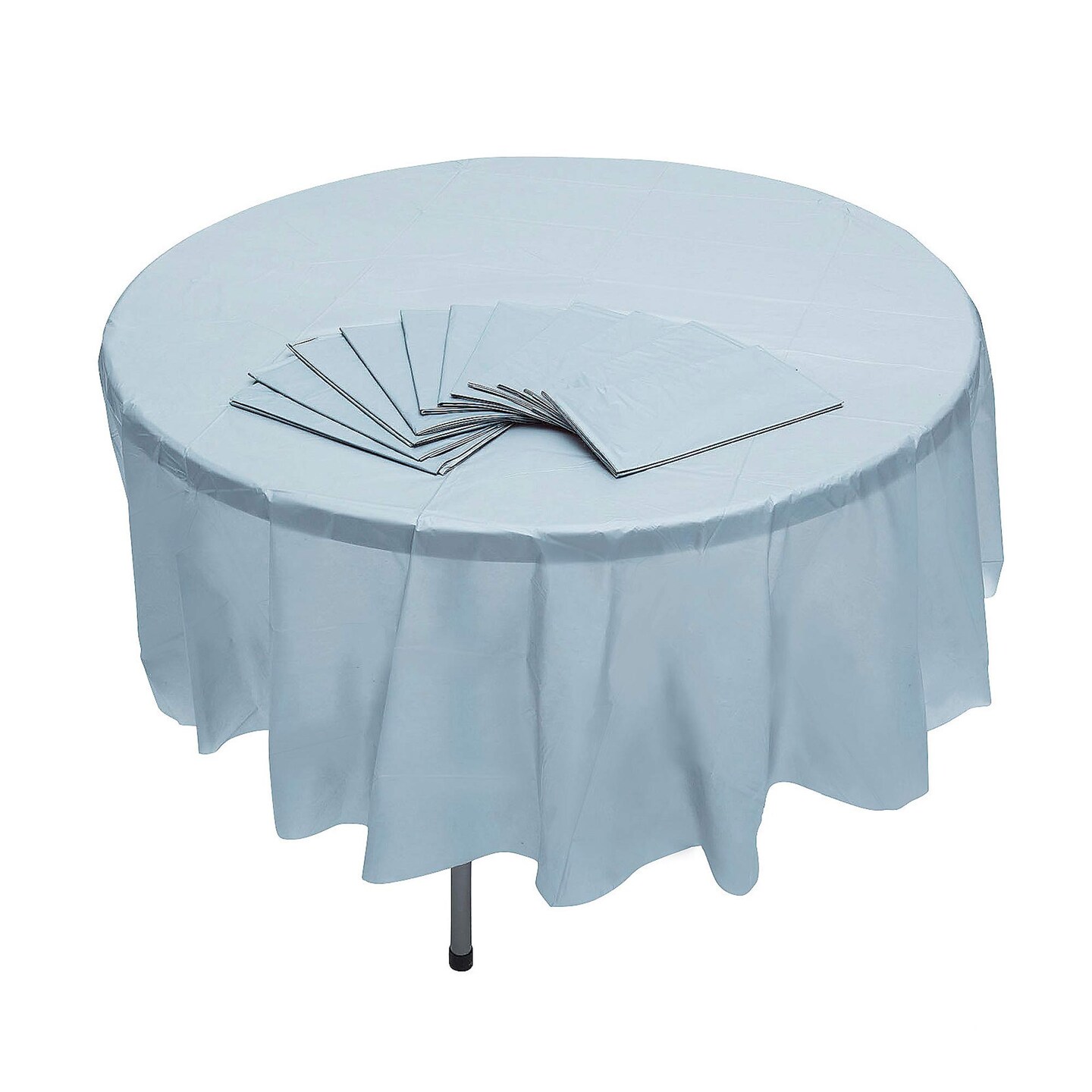 6 Ft. 10&#x22; Bulk 12 Pc. Light Blue Round Disposable Plastic Tablecloths