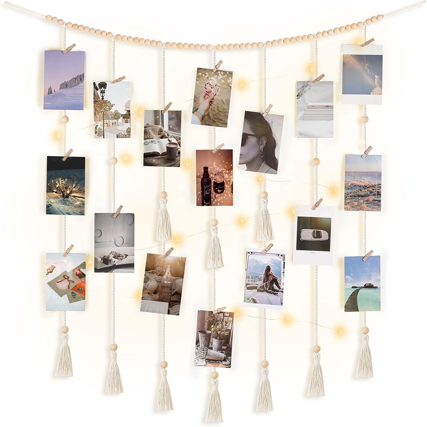 Macrame Hanging Photo Display Wall Decor with String Lights Boho Room Bedroom Wooden Beads Garland Picture Holder with 30 Clips