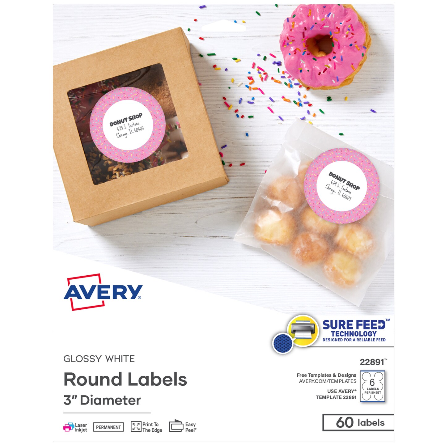Avery Glossy White Labels, Sure Feed Technology, 3" Round Labels, Print-To-The-Edge, Laser/Inkjet, 60 Total (22891)