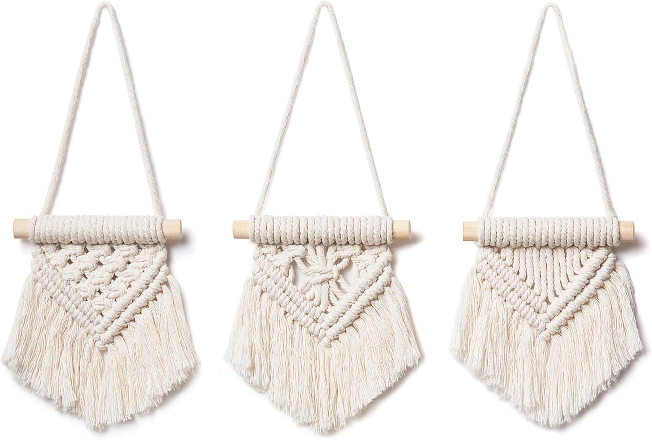 Macrame Wall Hanging Set of 3 Cute Boho Christmas Tree Decoration Car Ornaments Woven Art Decor for Nursery Bathroom Bedroom Living Room Dorm Home Idea