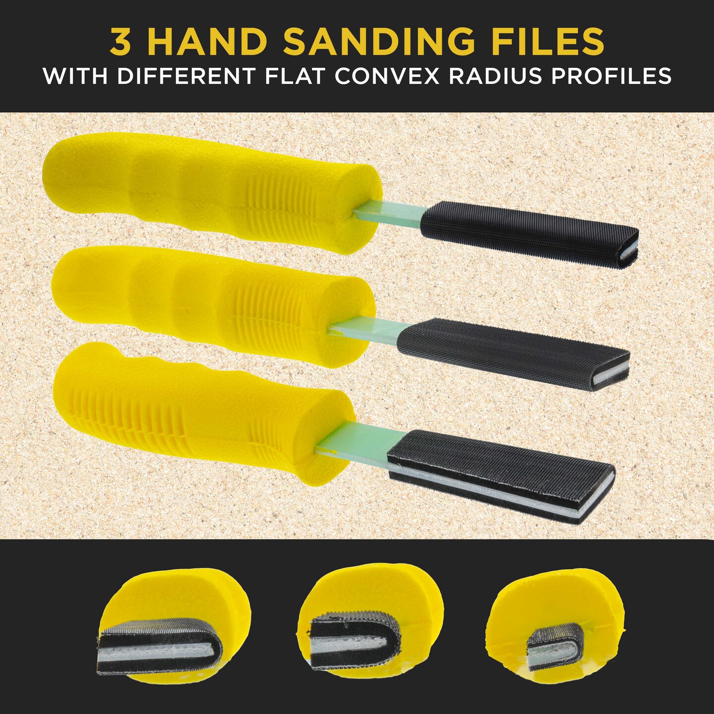 Dura-Gold Set of 3 Different Contour Hand Sanding File Block Sticks with 40 Sheet Hook &#x26; Loop Sandpaper Kit - Flat Convex Radius Profile Shapes