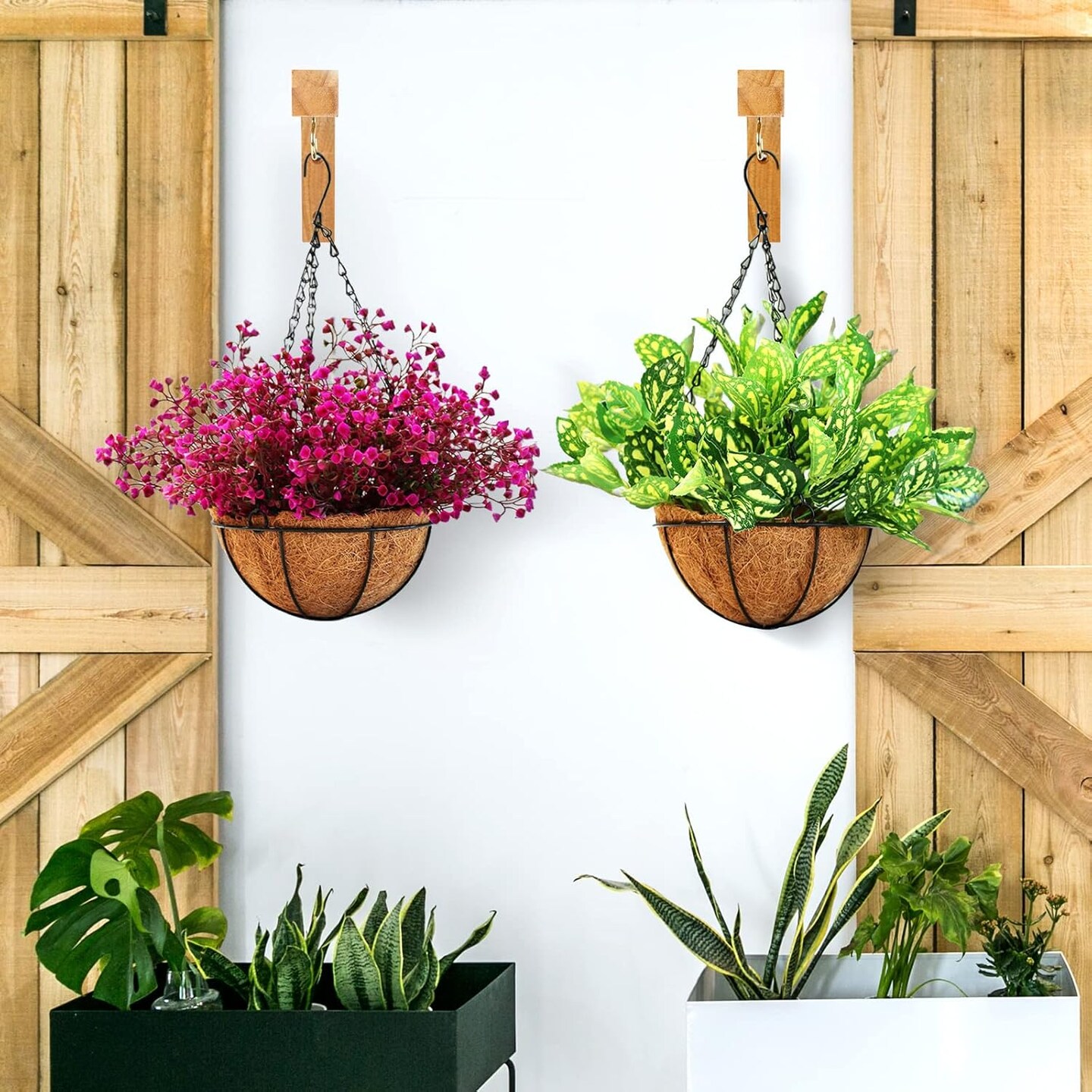 Macrame Plant Hanger, Hanging Wall Planters for Indoor Plants, Wooden Hanging Basket Hooks for Outdoor Pots Wind Chime Flower Bracket Lanterns Patio Garden Decoration (2-Pack,5-Inch)