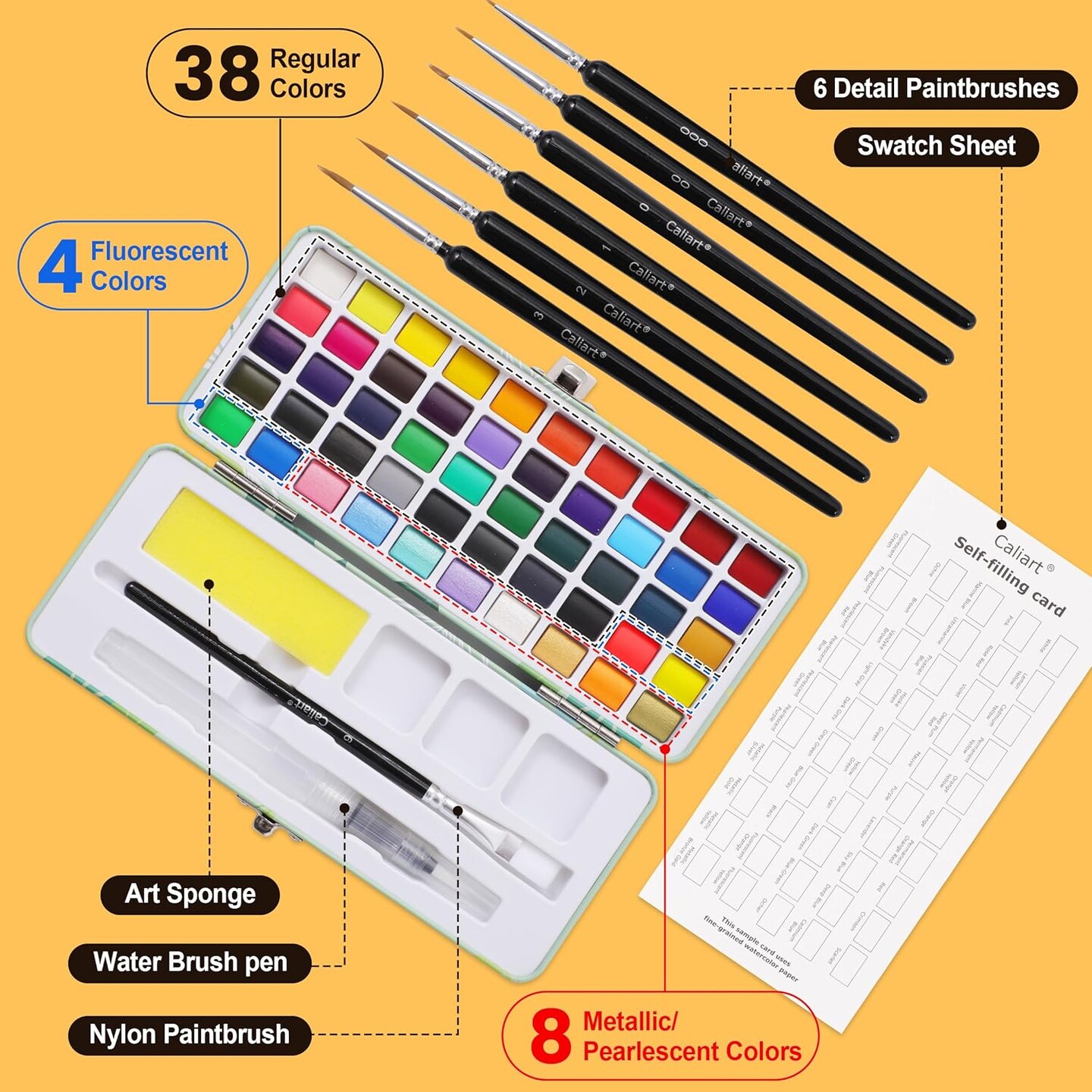 50 Colors Washable Watercolor Paint Set with 6 Brushes, Portable Travel Water Color Kit with Carrying Case, Palette and Accessories, Non-Toxic Art Supplies Gift for Artists Adult Teen Kids Girls Boys