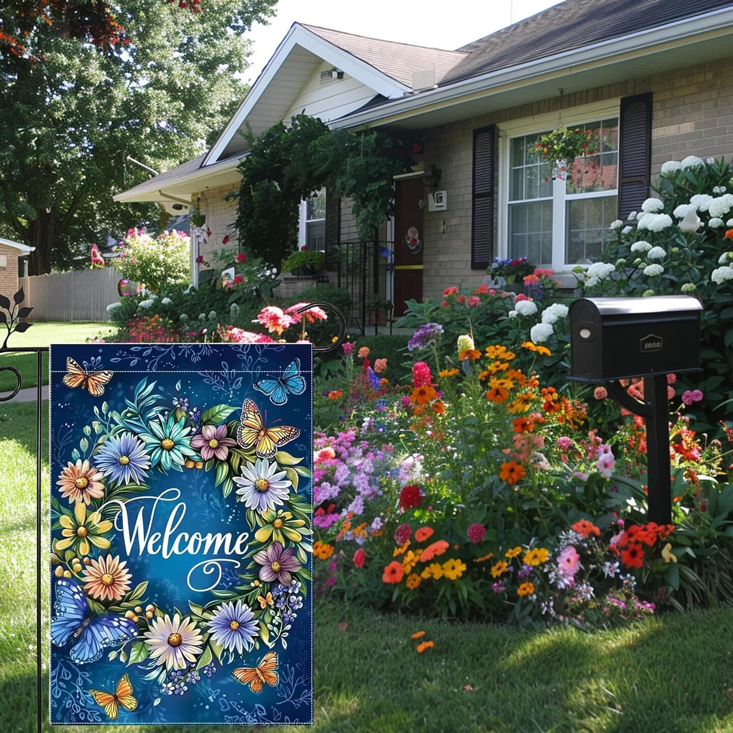 Welcome Spring Summer Garden Flag 12x18 Inch Double Sided, Burlap Blue Wreath Floral Butterfly Yard Outdoor Flags