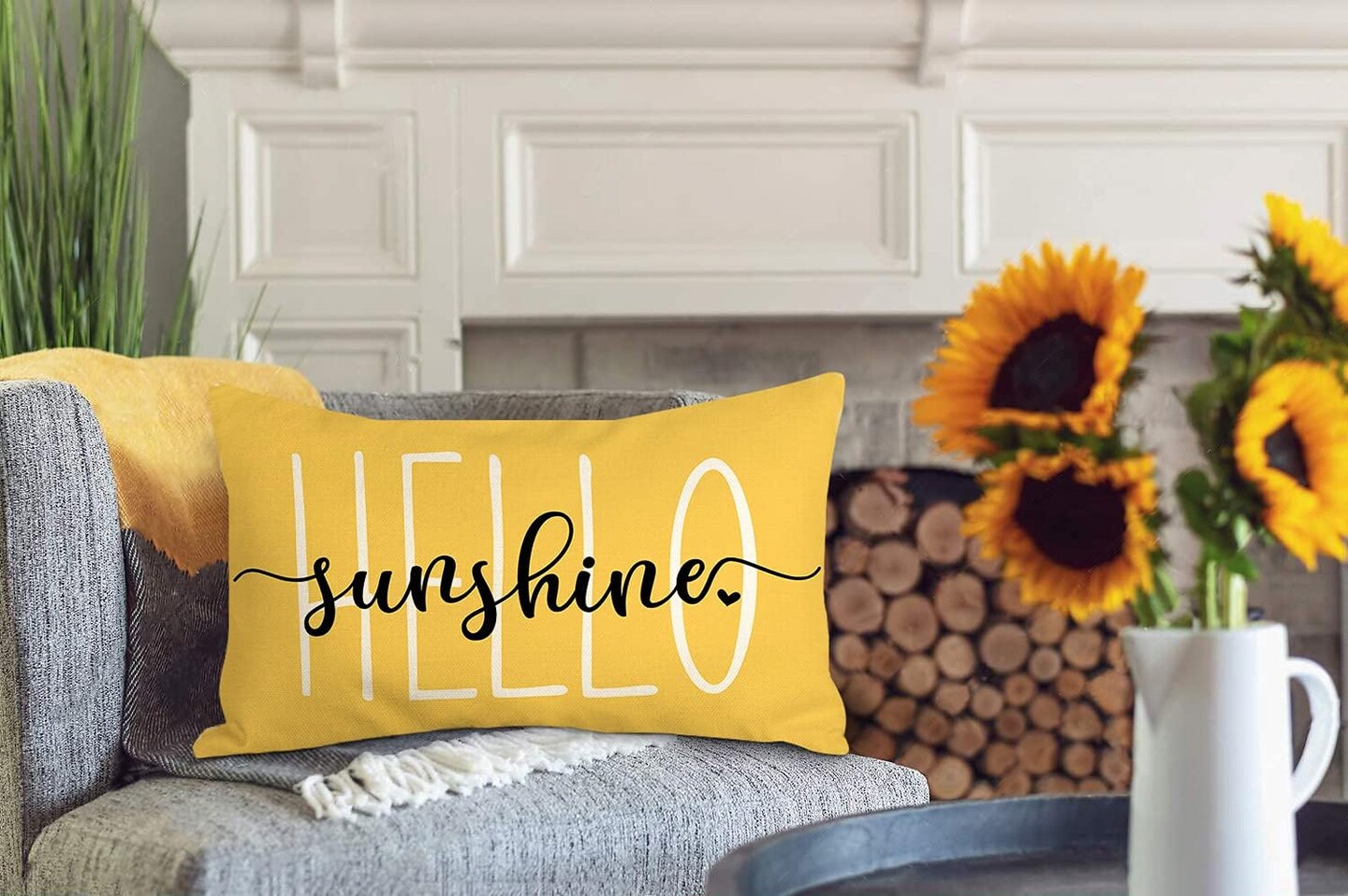 Hello Sunshine Pillow Cover Farmhouse Yellow Lumbar Pillow Cover Spring Summer Decorations Cushion Case for Sofa Couch Polyester Linen 12x20 Inches