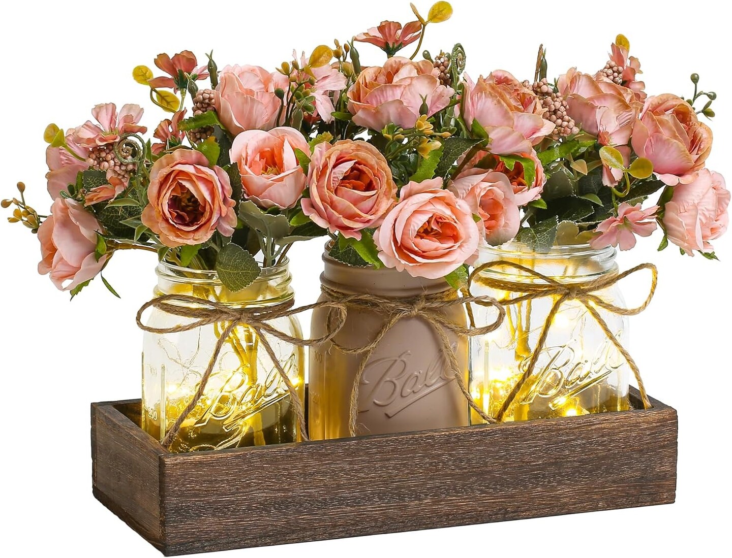 3-Piece Mason Jar Centerpiece with LED Lights & Wood Tray – Farmhouse Table Decor