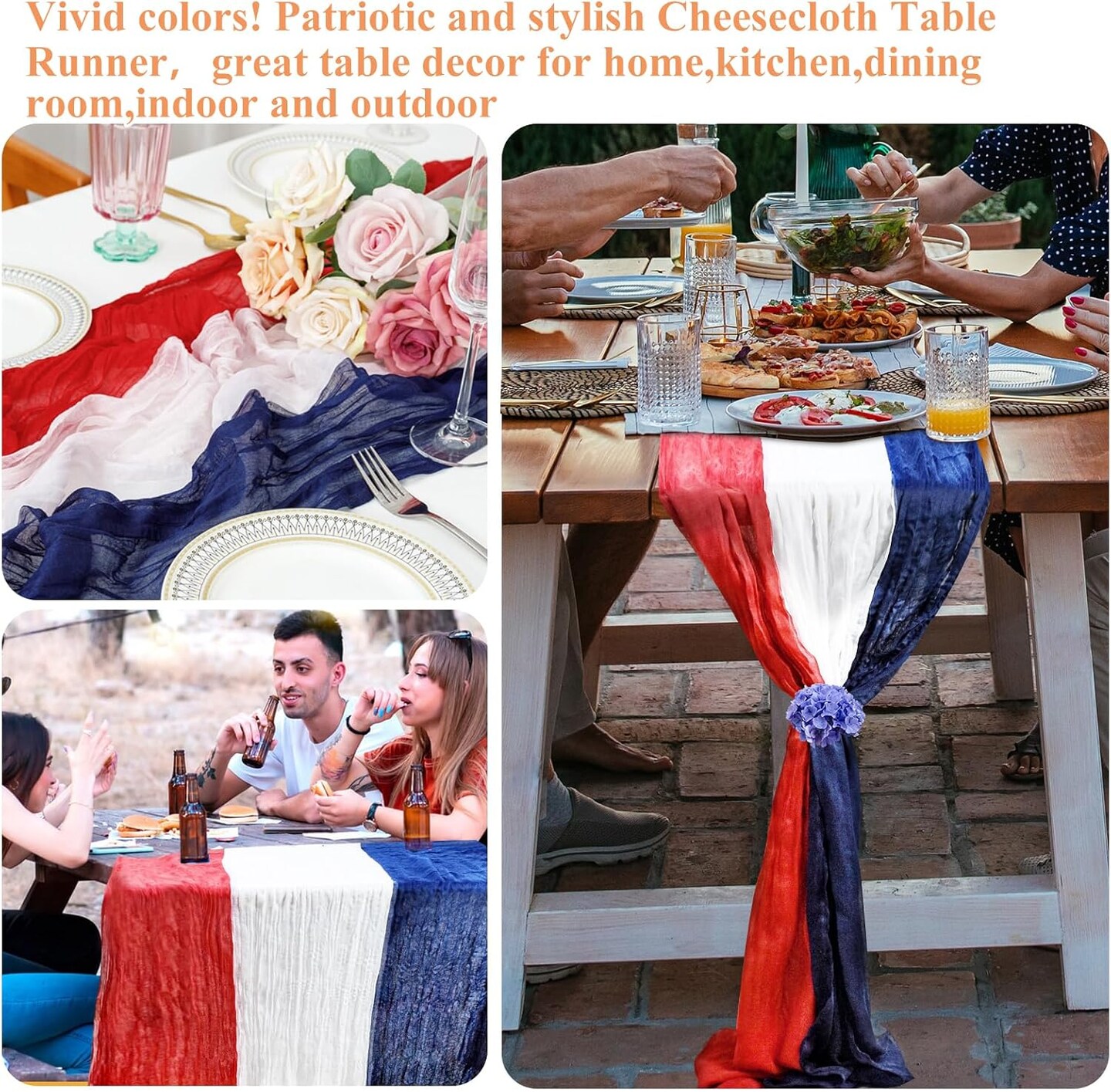 4th of July Cheesecloth Table Runner, Vintage Red White and Blue Table Runner for Memorial Day Labor Day Independence Day Veterans Day Patriotic Party Decoration for Kitchen Dining Room Indoor Outdoor
