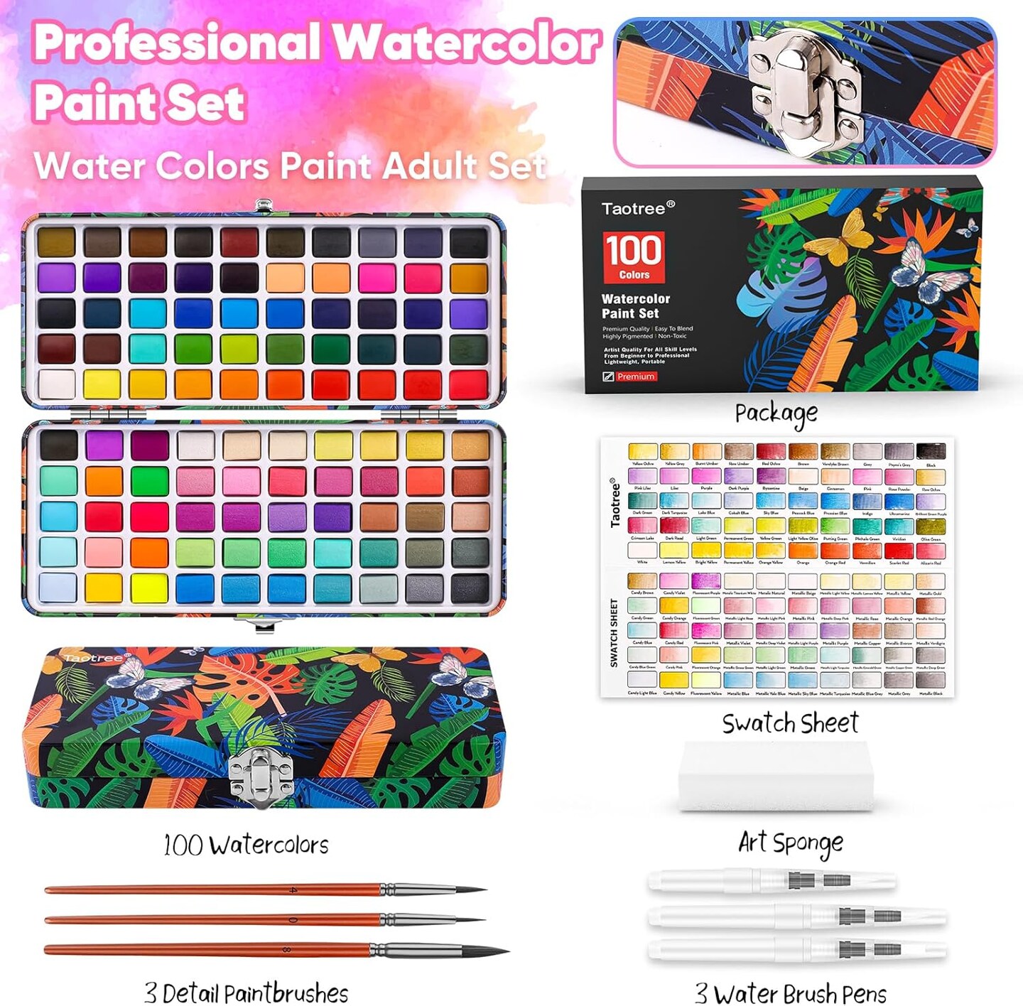 Watercolor Paint Set 100 Colors, Art Supplies Watercolors Kit Travel Water Colors with Paints Brushes, Crafts Painting Supplies, Drawing Gifts for Teens Girls Boys Kids Adults Artists