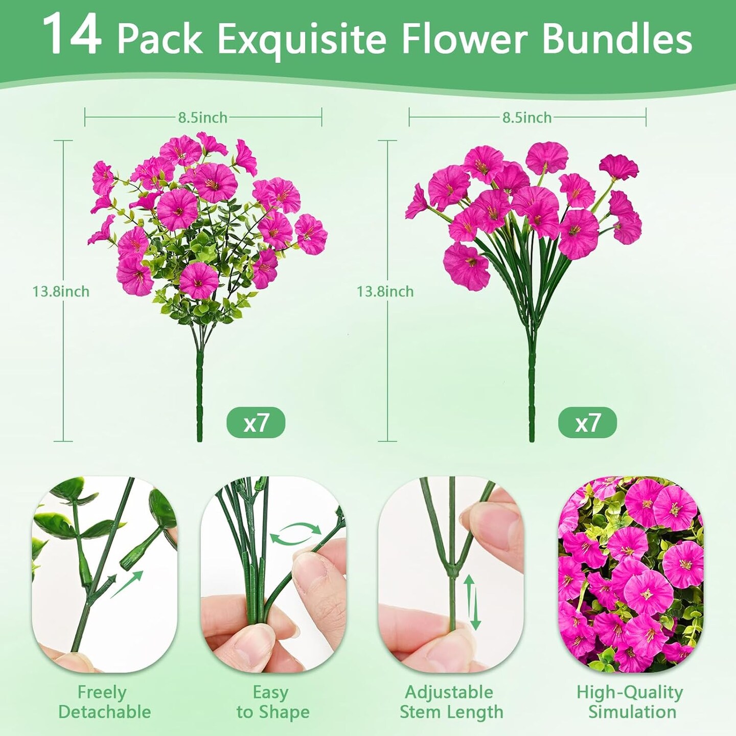 Artificial Flowers for Outdoors, 14 Bundles Fake Outdoor Flowers, UV Resistant Artificial Plants & Flowers for Decoration, Fuchsia Realistic Morning Glory for Outdoor Porch Garden Decoration