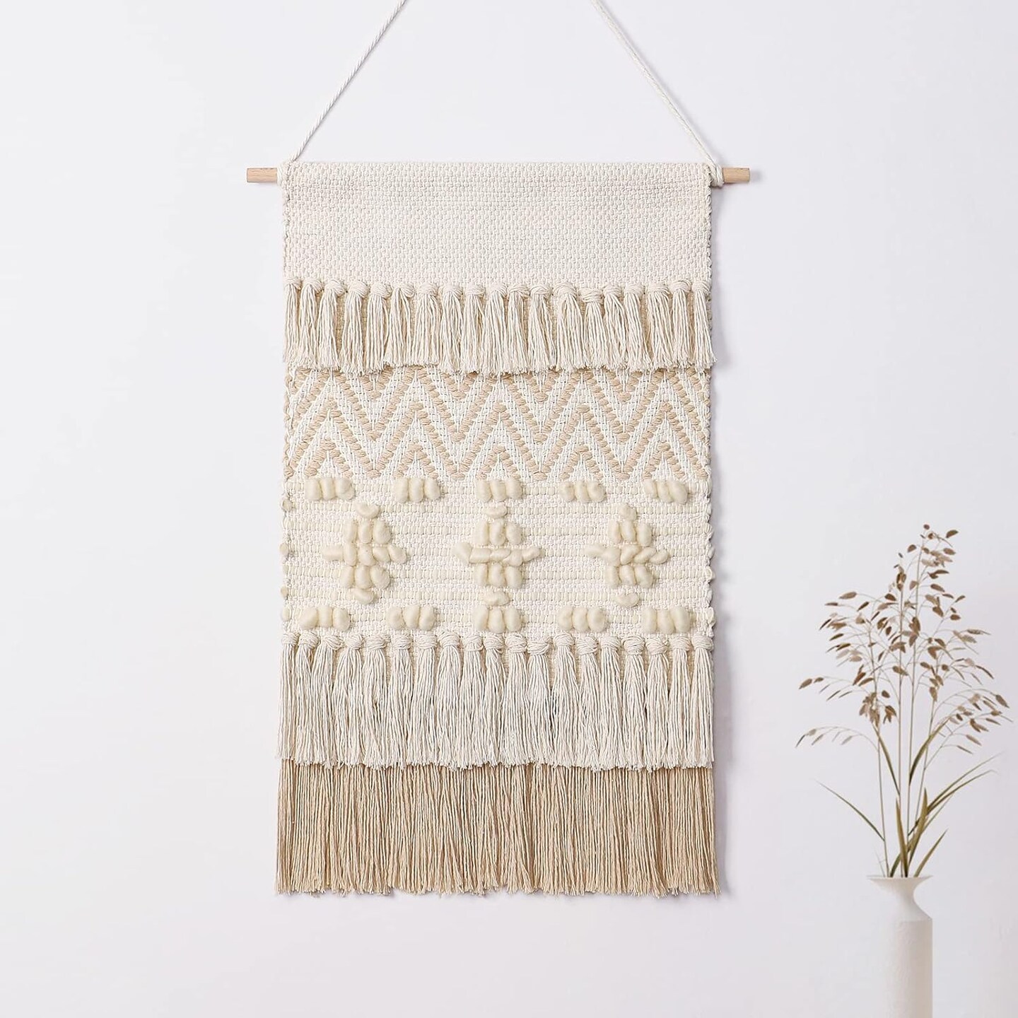 Macramé Woven Wall Hanging – Boho Beige Geometric Wave Design with Wool Balls & Tassels, Elegant Home Décor for Apartment, Bedroom, Dorm, or Door, 15.7" W x 22" L