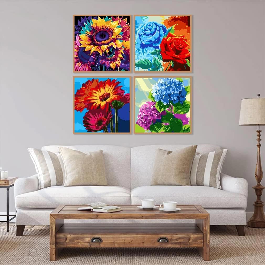4 Pack Flowers Paint by Number Kits for Adults, Flower Adults&#x27; Paint-by-Number Kits, Sunflower Rose Daisy Hydrangea Acrylic Paint by Number Suitable for Home Decoration (Frameless,12x12inch)