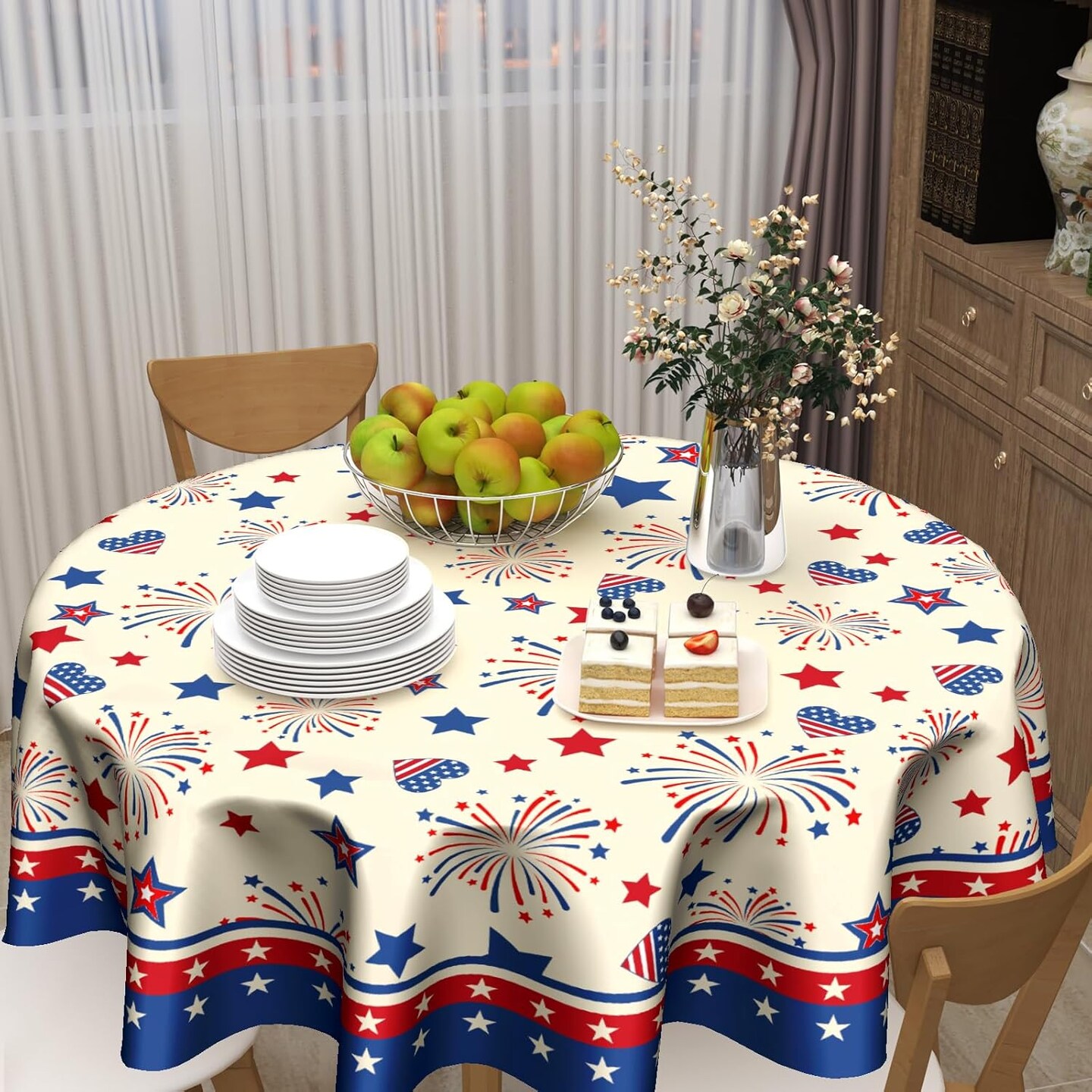 4th of July Tablecloth Patriotic American Flag Round Tablecloth 60 Inch Independence Day Memorial Day Table Cloth for Farmhouse Kitchen Decor Polyester Fabric Table Covers for Party Outdoor Camping